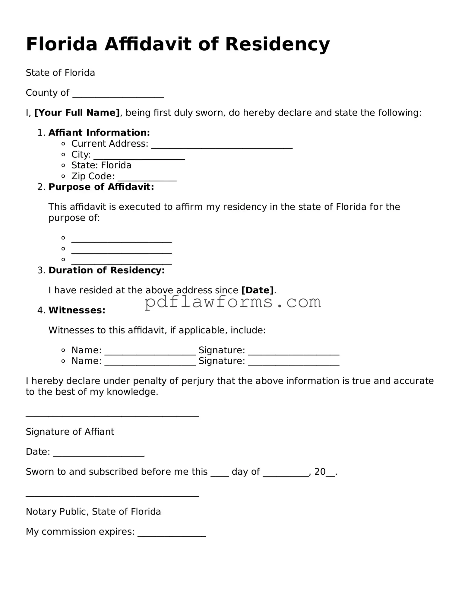 Affidavit of Residency Form for the State of Florida
