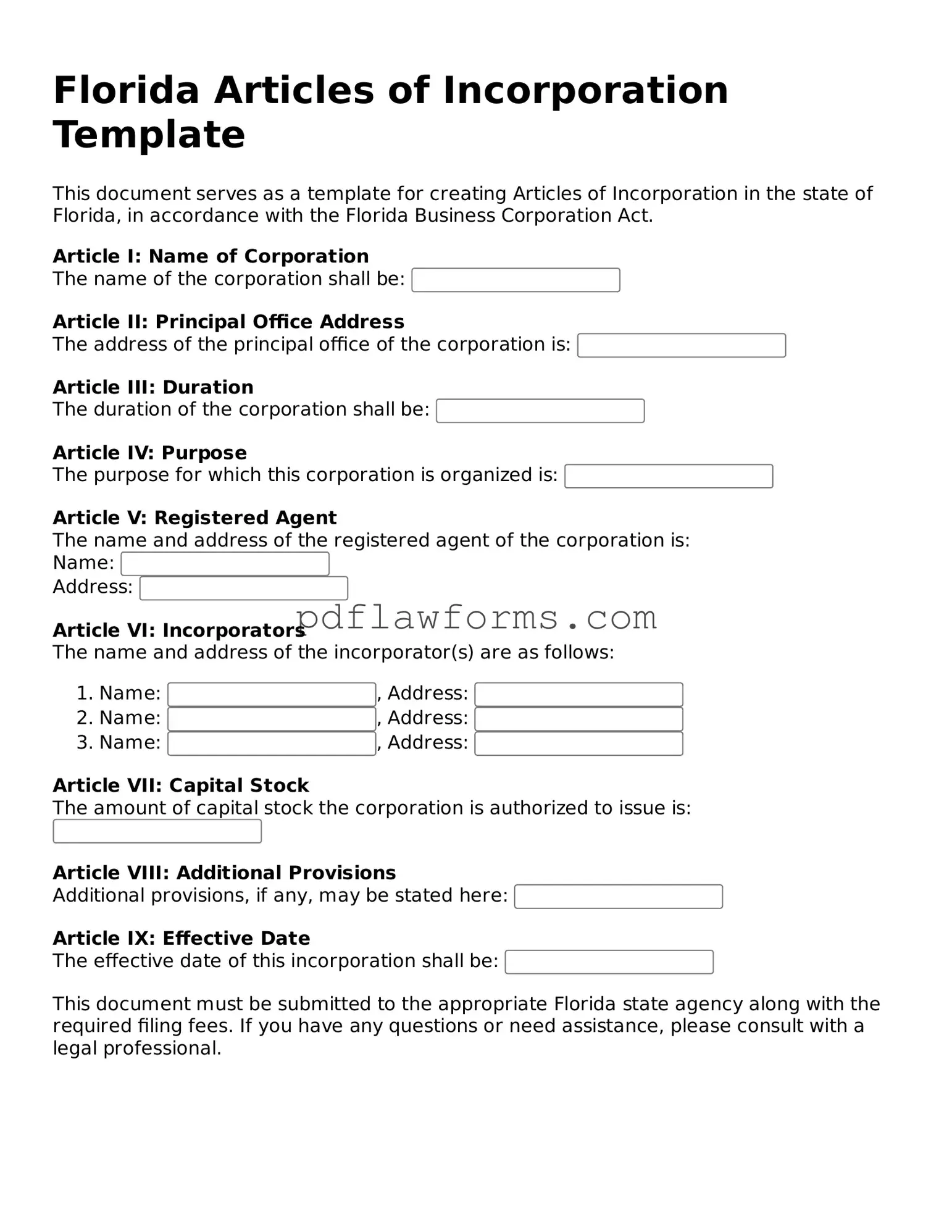 Articles of Incorporation Form for the State of Florida