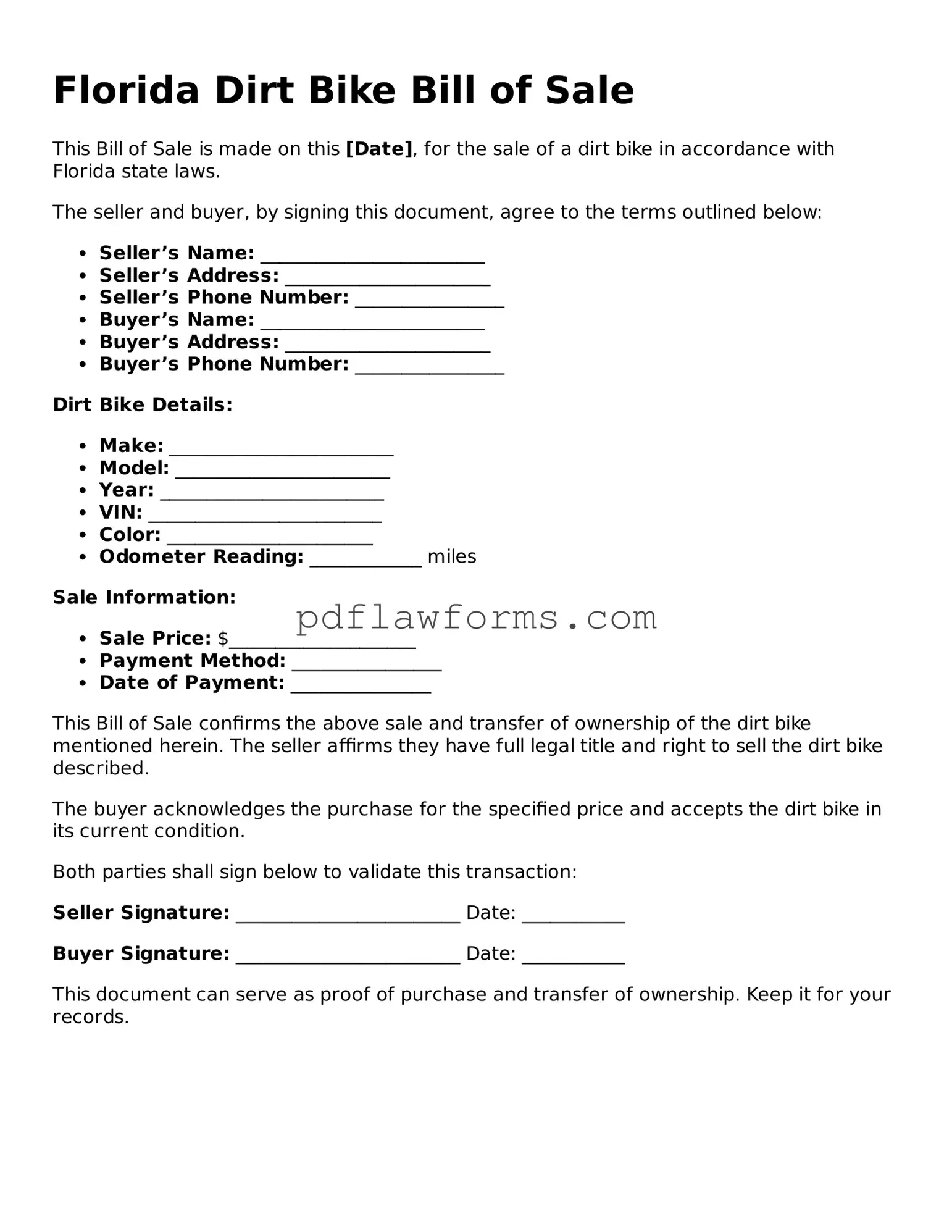 Dirt Bike Bill of Sale Form for the State of Florida