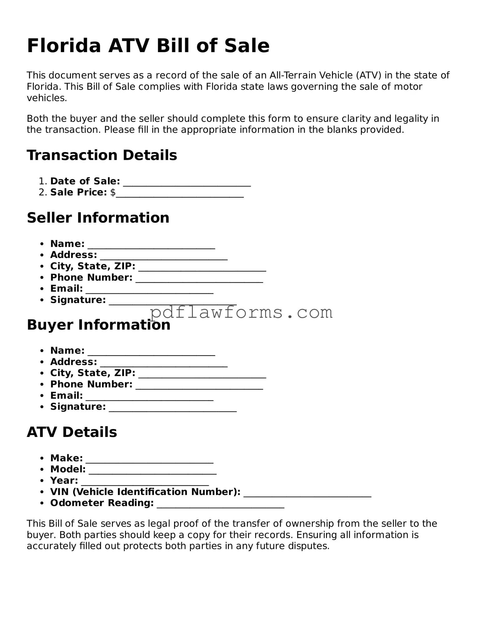 ATV Bill of Sale Form for the State of Florida