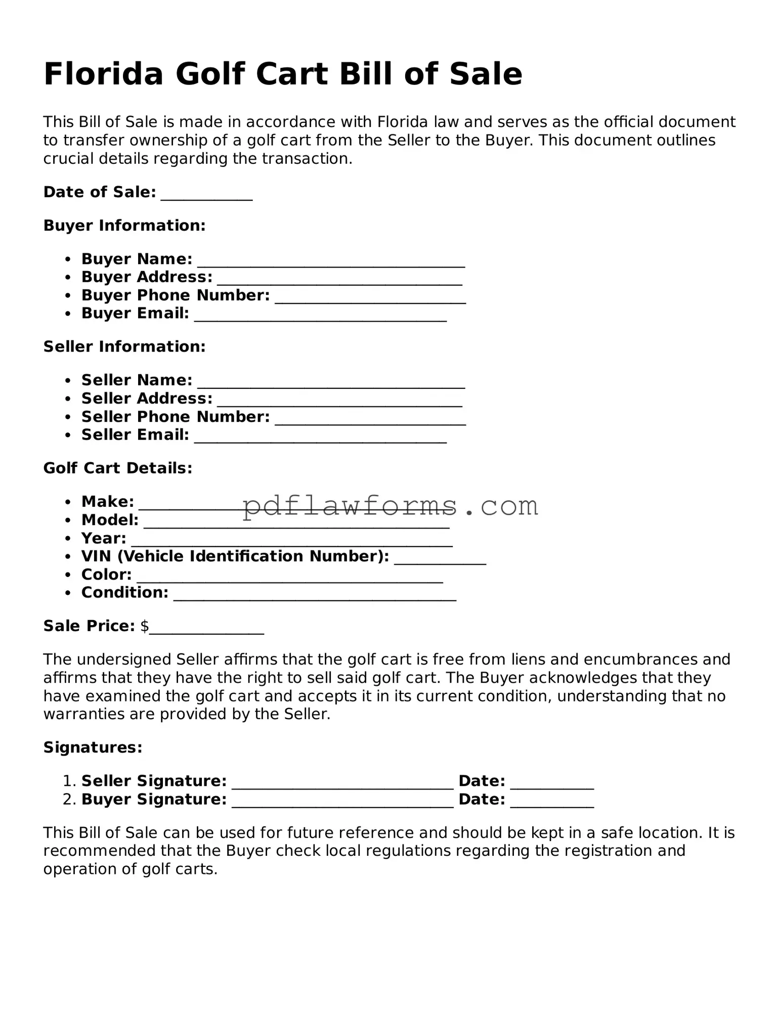 Golf Cart Bill of Sale Form for the State of Florida
