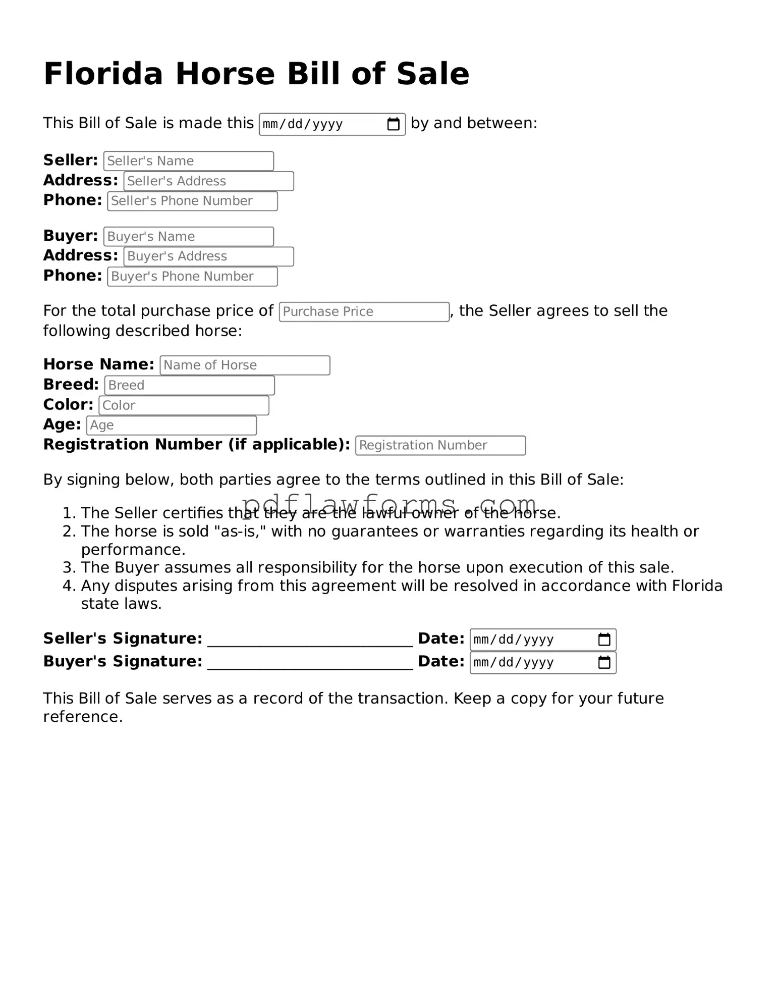 Horse Bill of Sale Form for the State of Florida
