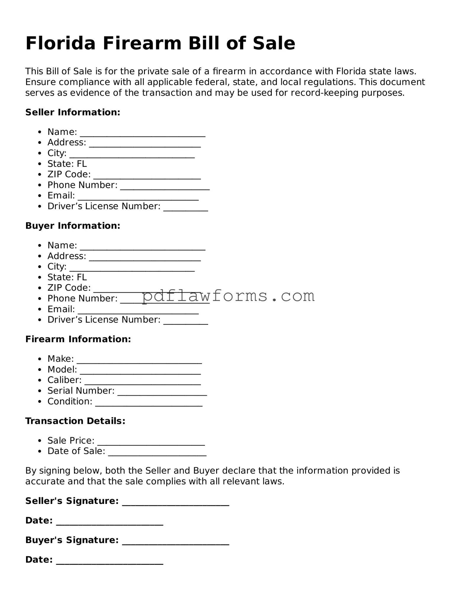 Firearm Bill of Sale Form for the State of Florida