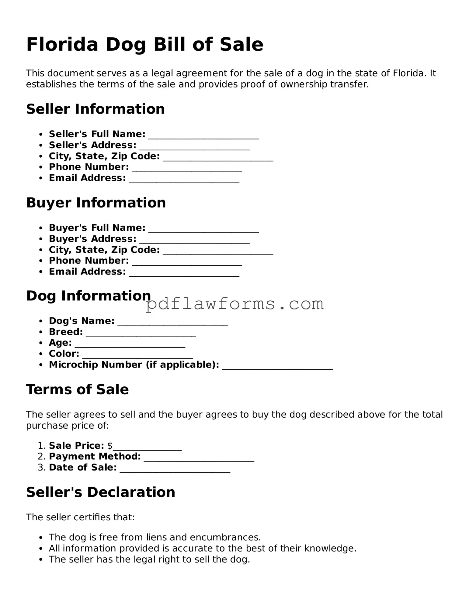 Dog Bill of Sale Form for the State of Florida