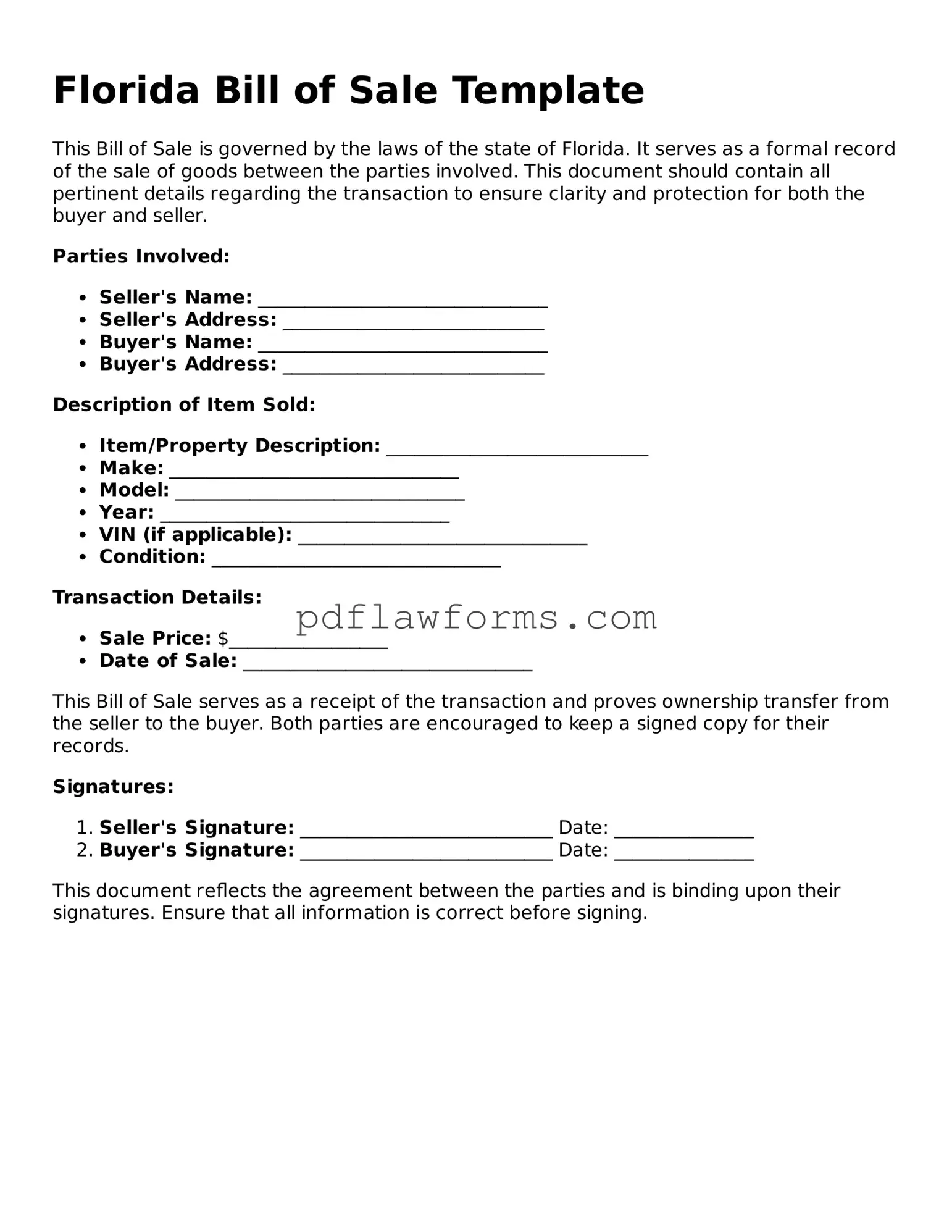 Bill of Sale Form for the State of Florida