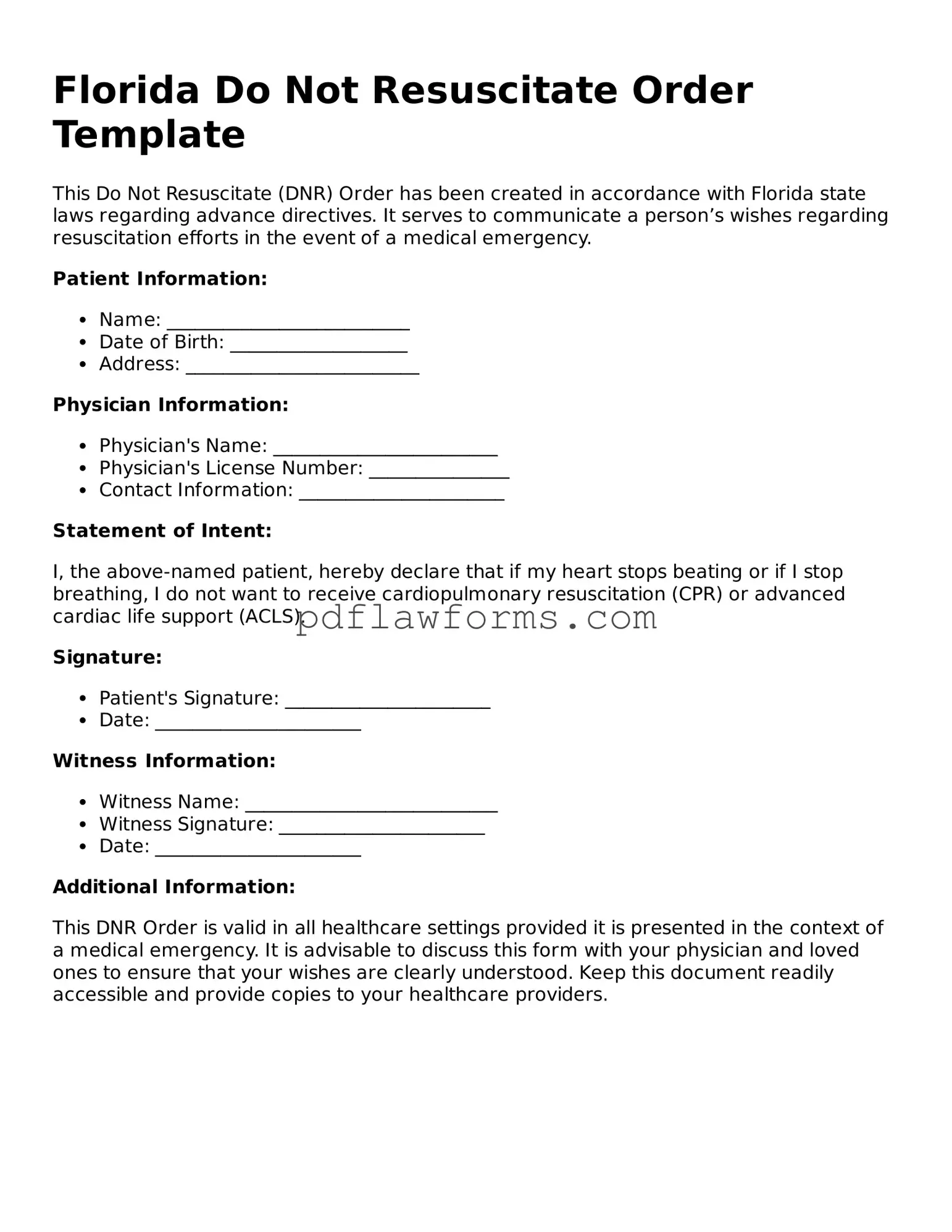 Do Not Resuscitate Order Form for the State of Florida