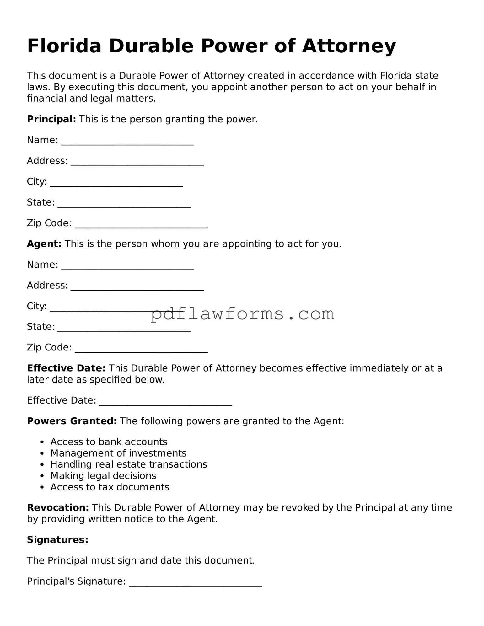 Durable Power of Attorney Form for the State of Florida