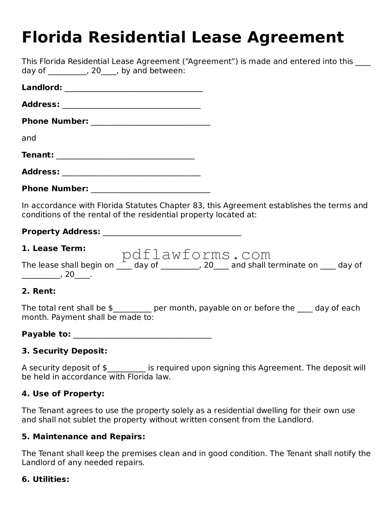 Residential Lease Agreement Form for the State of Florida