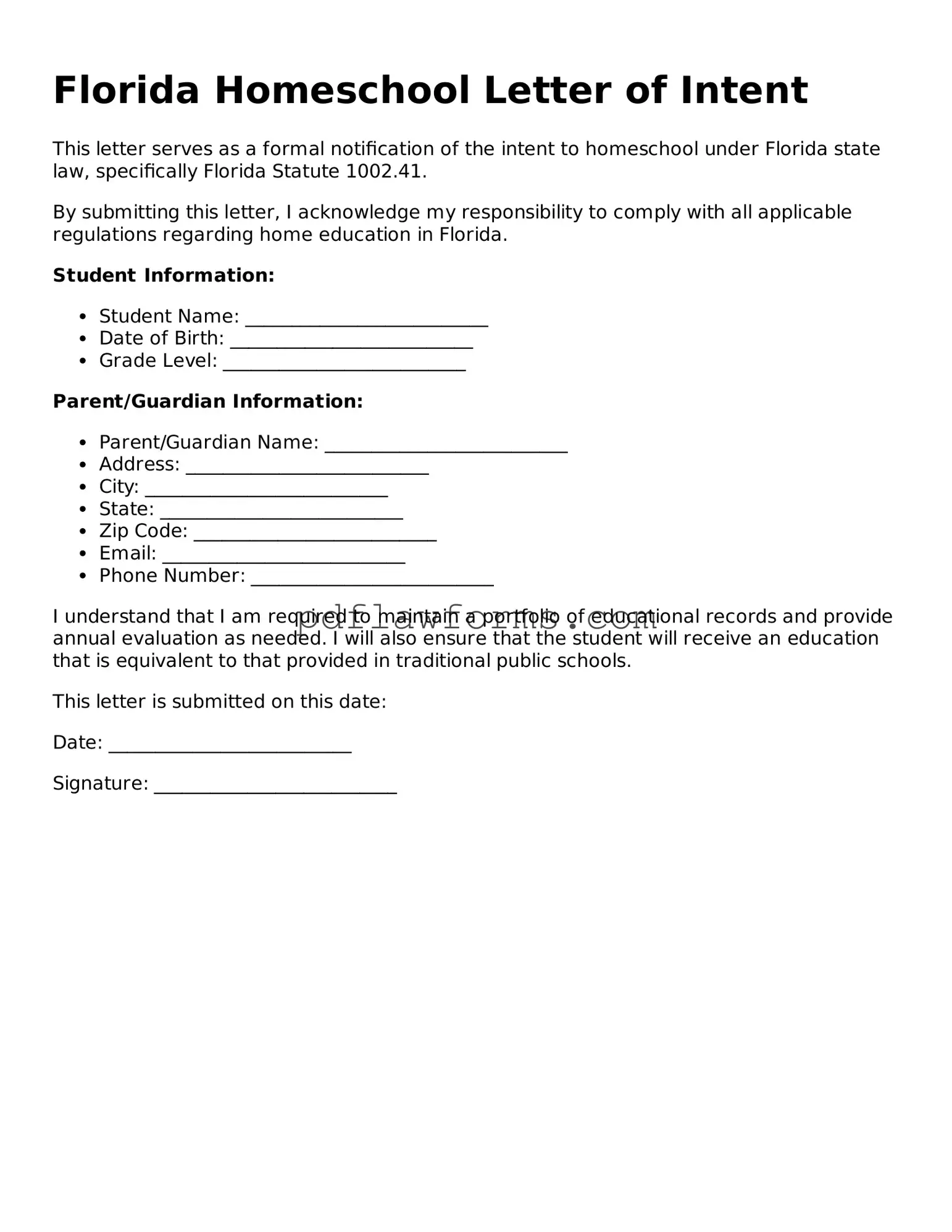 Homeschool Letter of Intent Form for the State of Florida