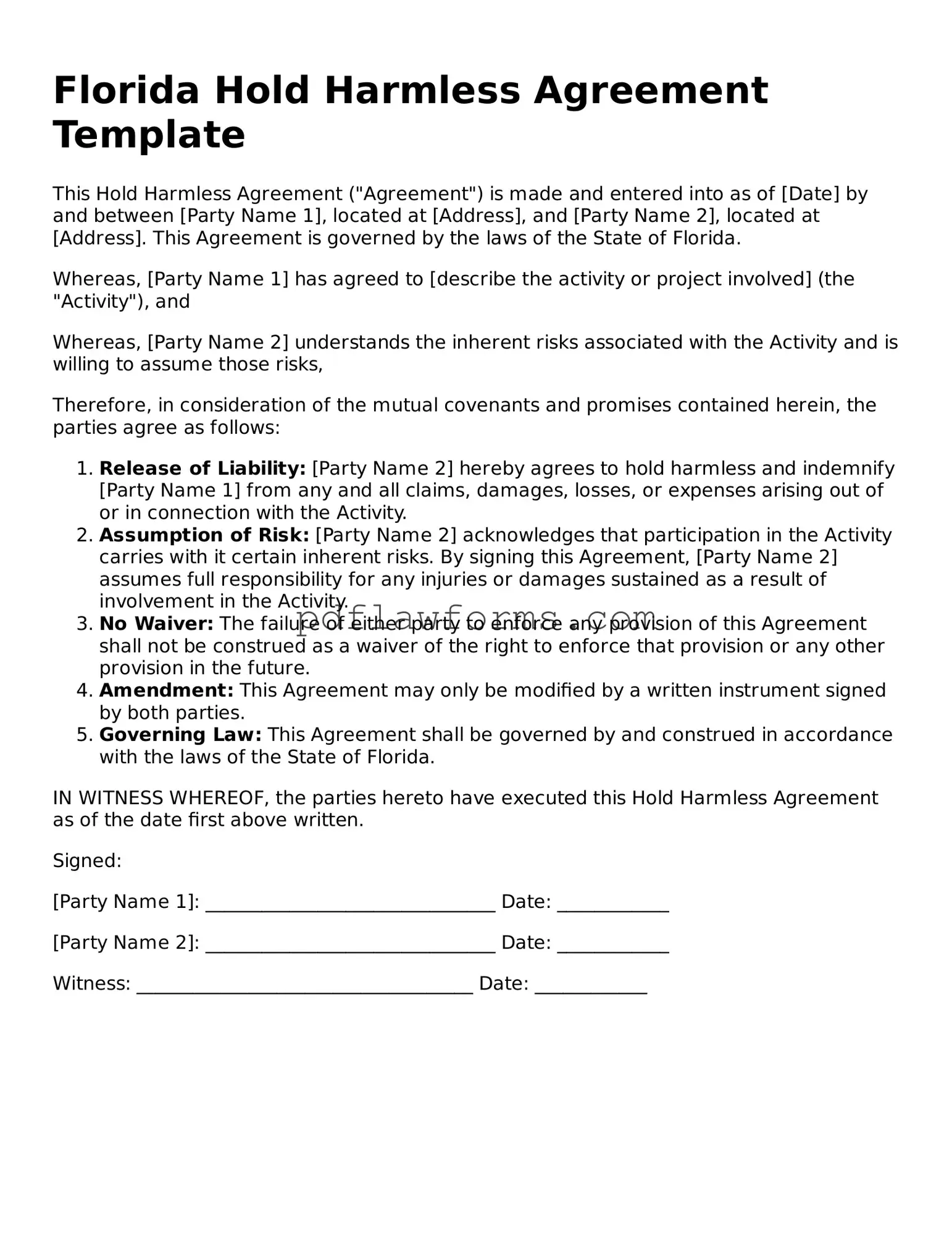 Hold Harmless Agreement Form for the State of Florida