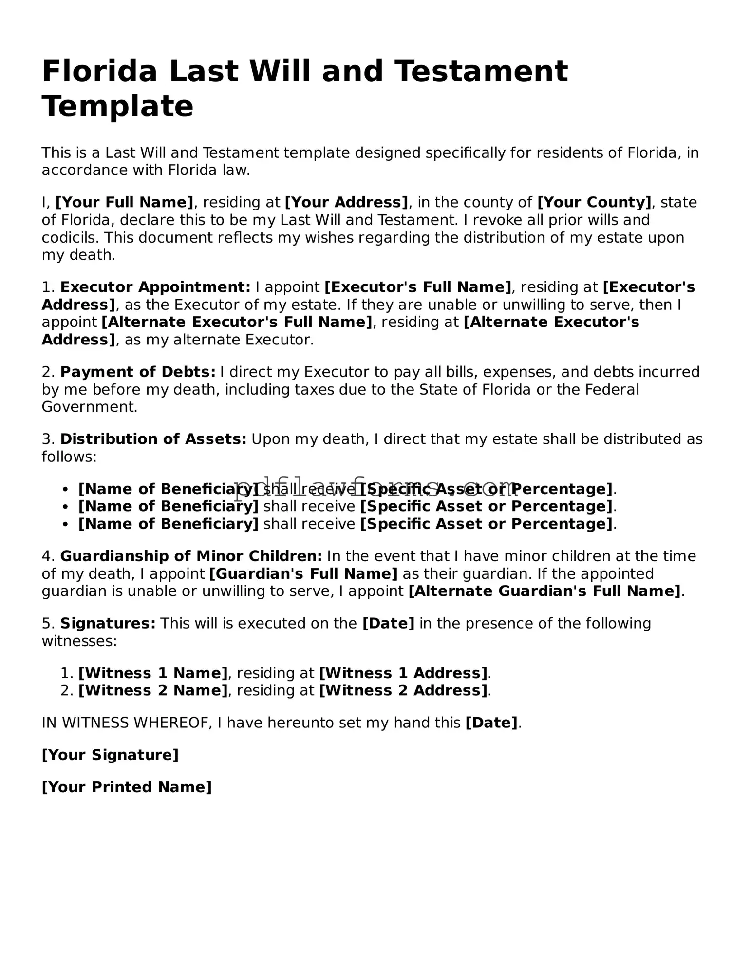 Last Will and Testament Form for the State of Florida