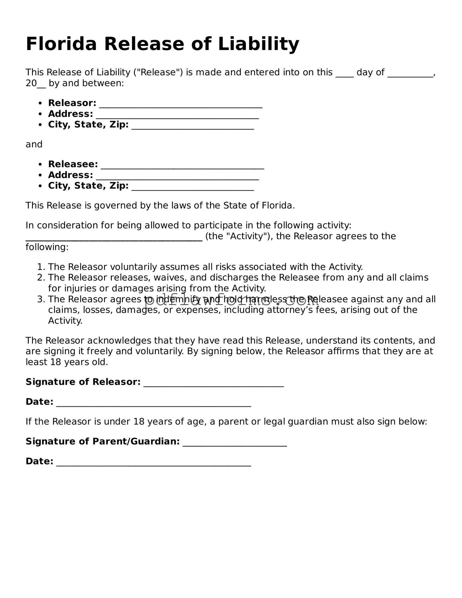 Release of Liability Form for the State of Florida