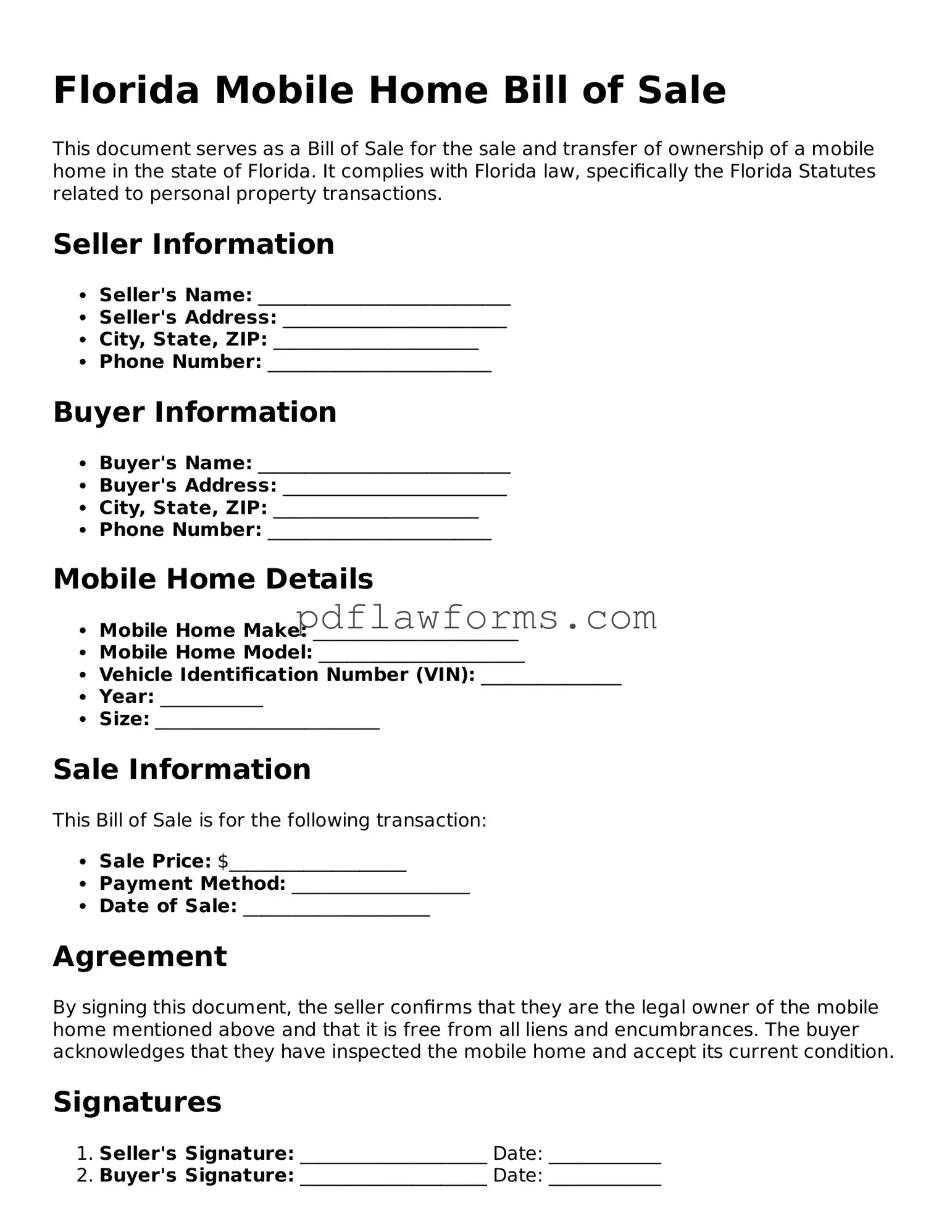 Mobile Home Bill of Sale Form for the State of Florida