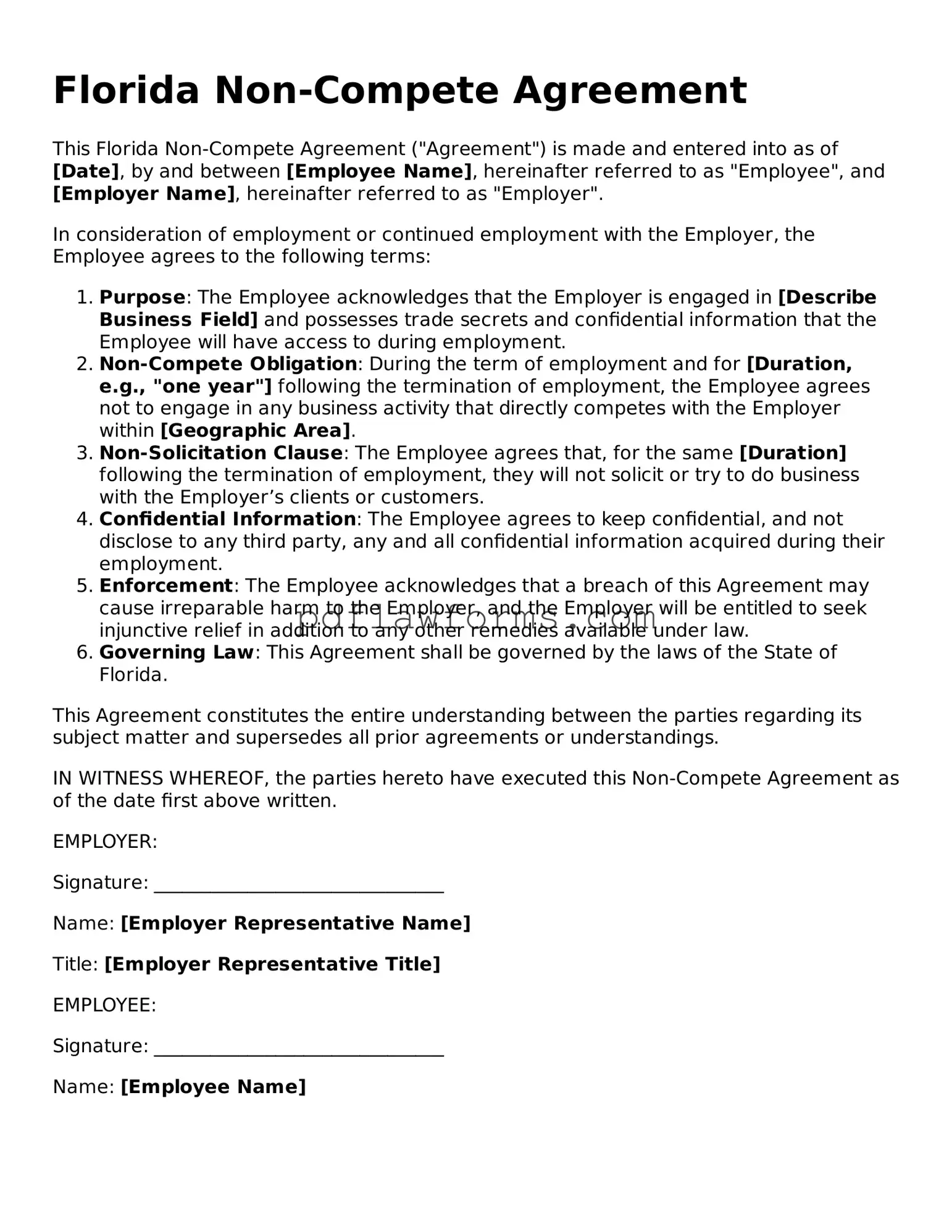 Non-compete Agreement Form for the State of Florida
