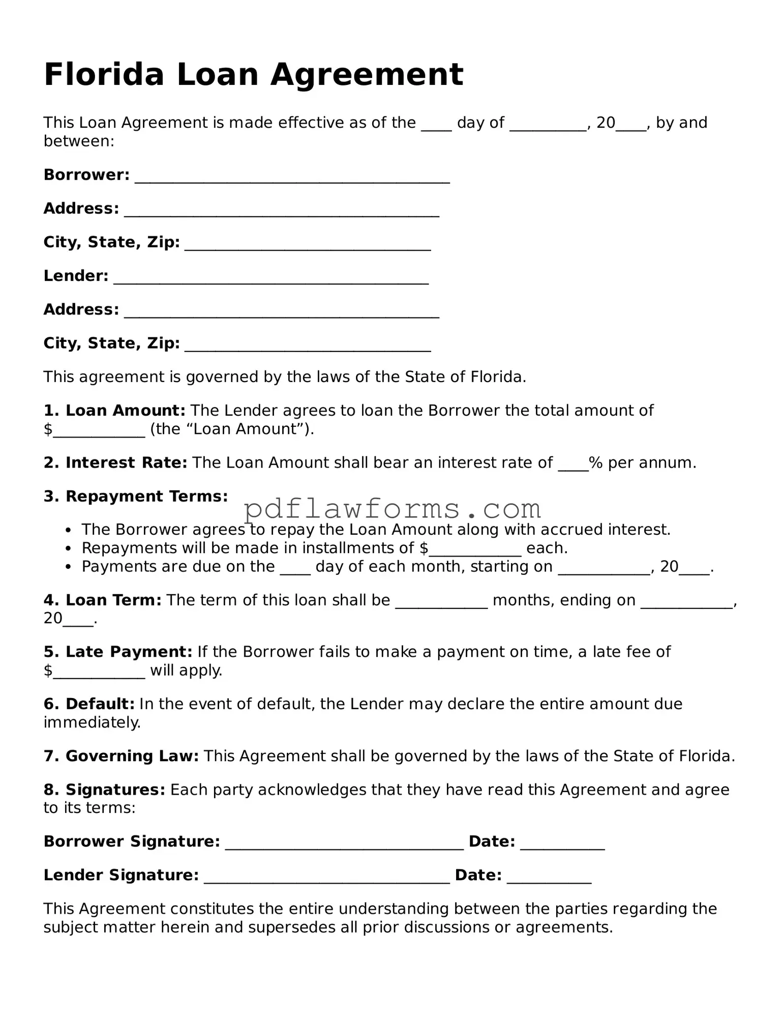 Loan Agreement Form for the State of Florida