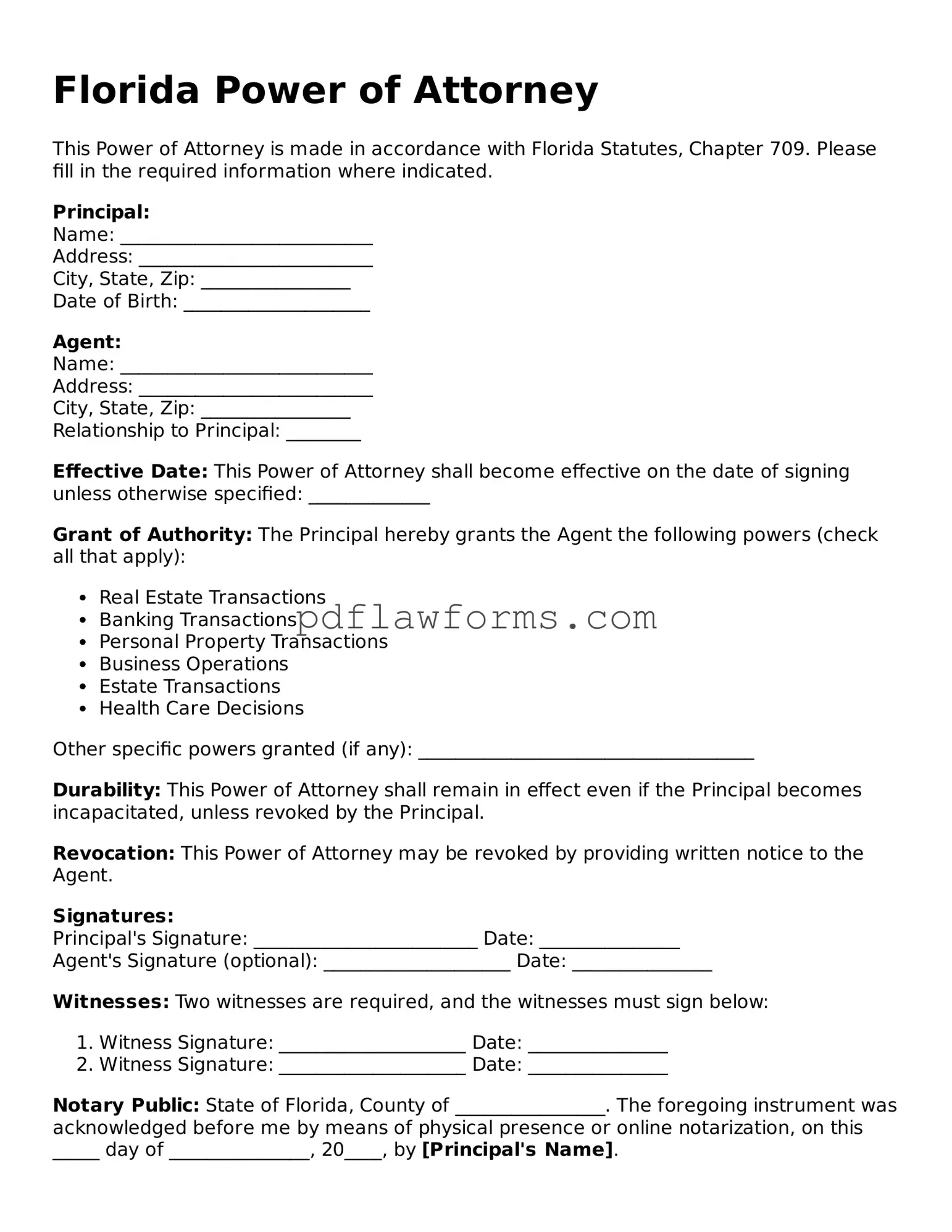 Power of Attorney Form for the State of Florida