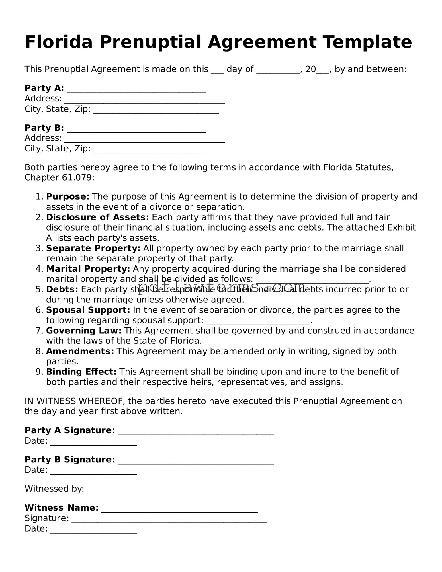 Prenuptial Agreement Form for the State of Florida