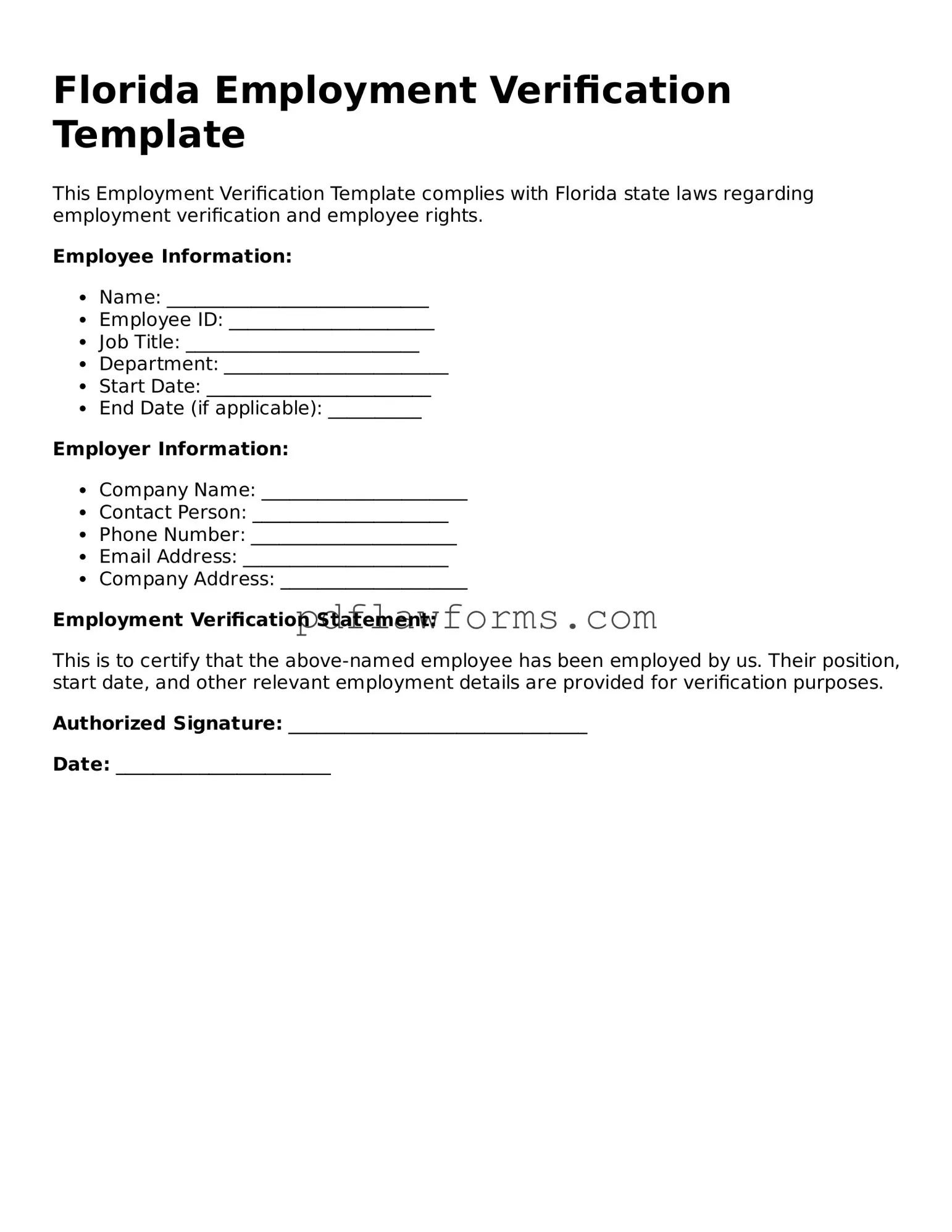 Employment Verification Form for the State of Florida