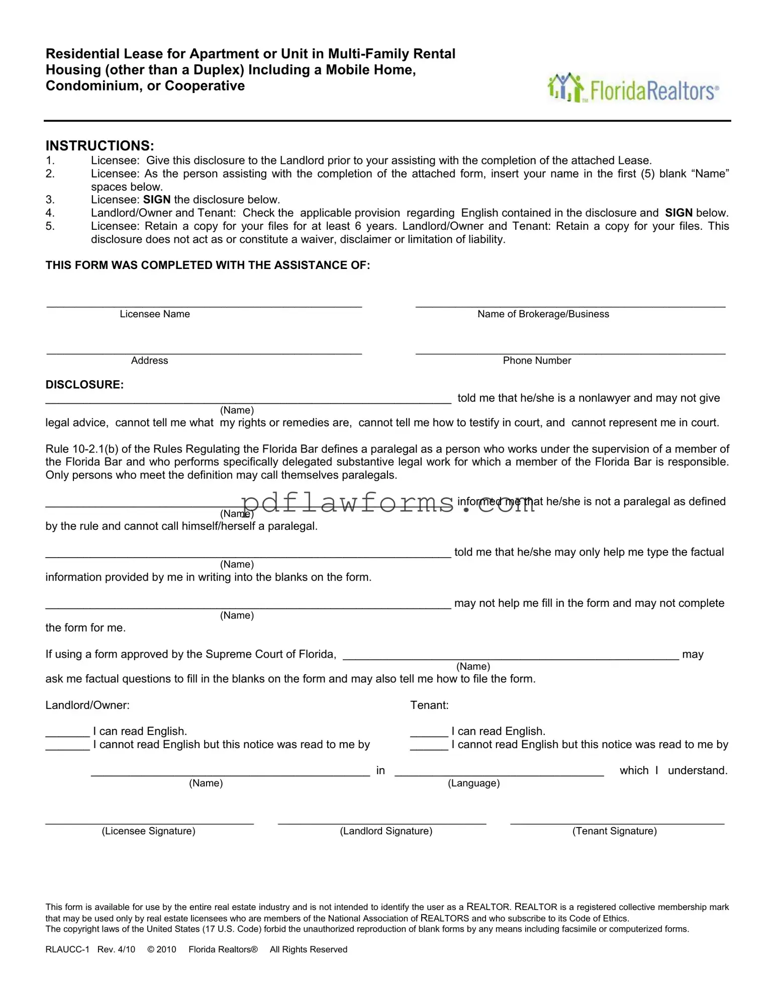 Fill Your Florida Realtors Residential Lease Template