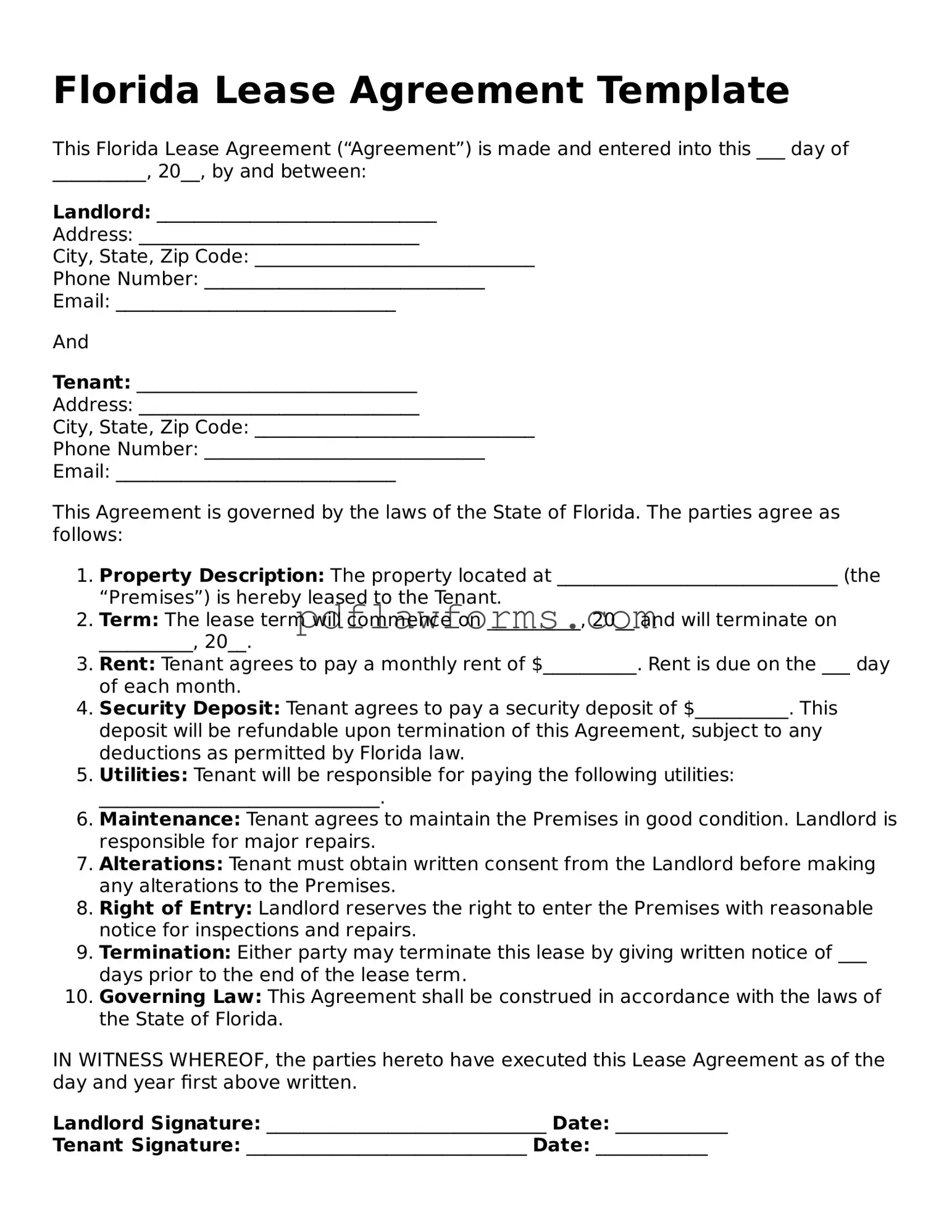 Lease Agreement Form for the State of Florida