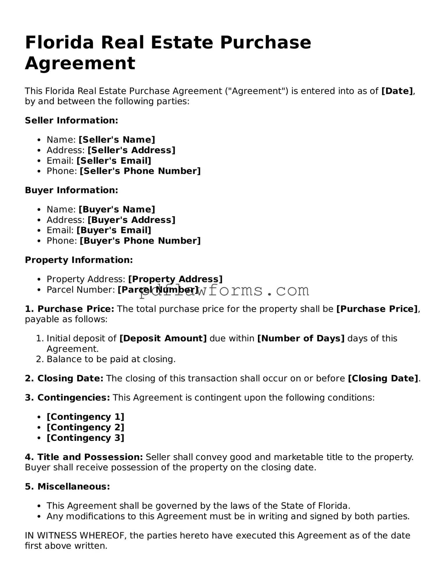 Real Estate Purchase Agreement Form for the State of Florida