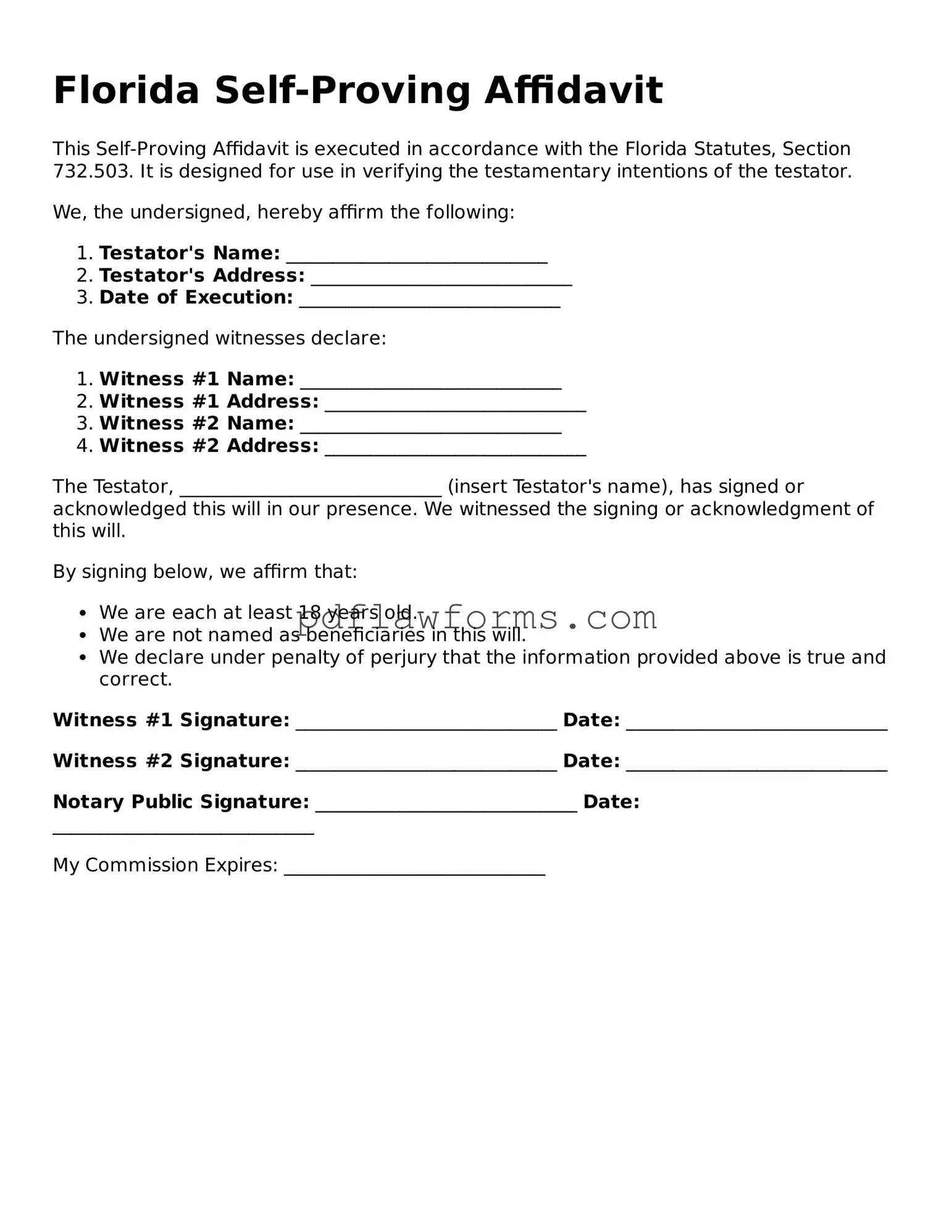 Self-Proving Affidavit Form for the State of Florida