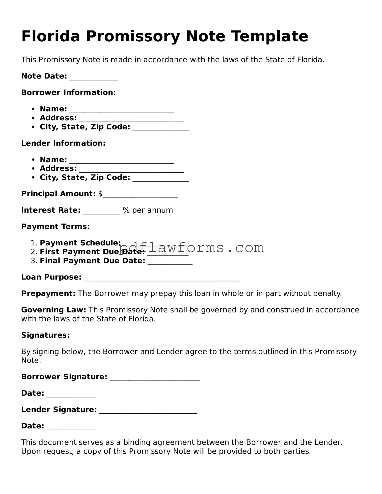 Promissory Note Form for the State of Florida