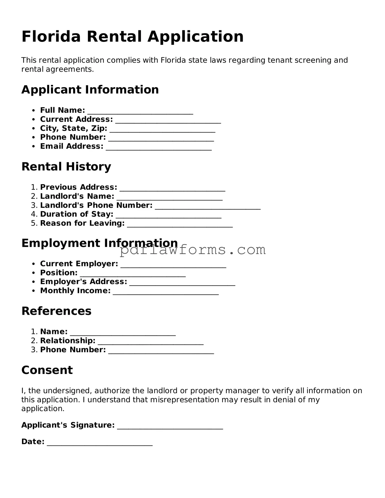 Rental Application Form for the State of Florida