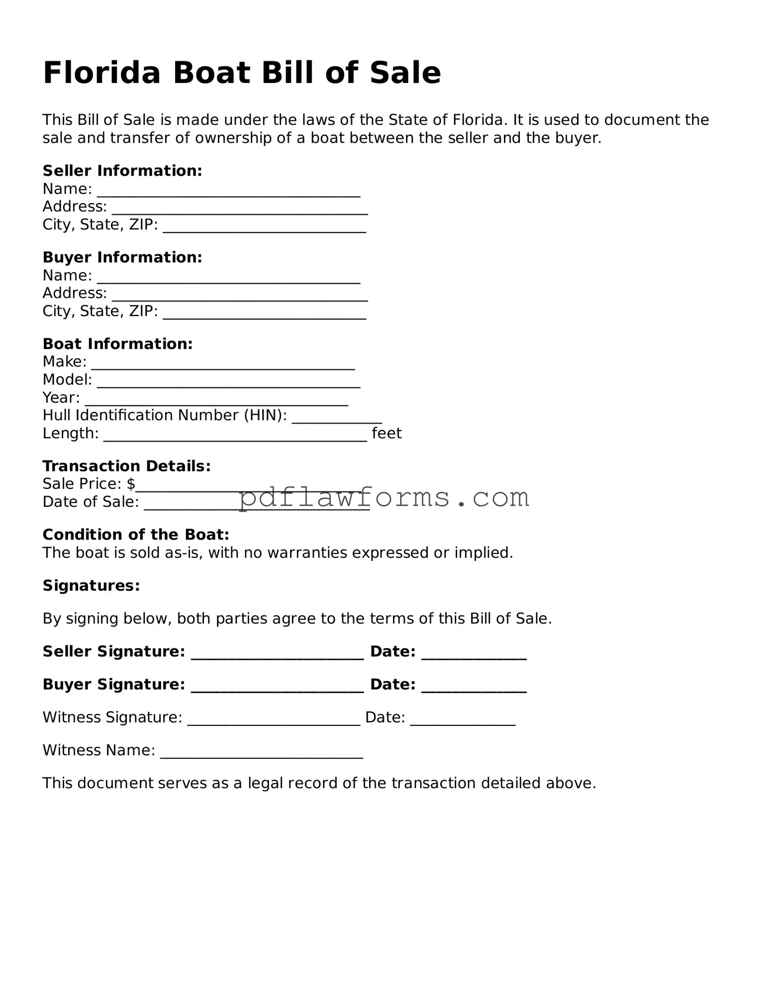 Boat Bill of Sale Form for the State of Florida