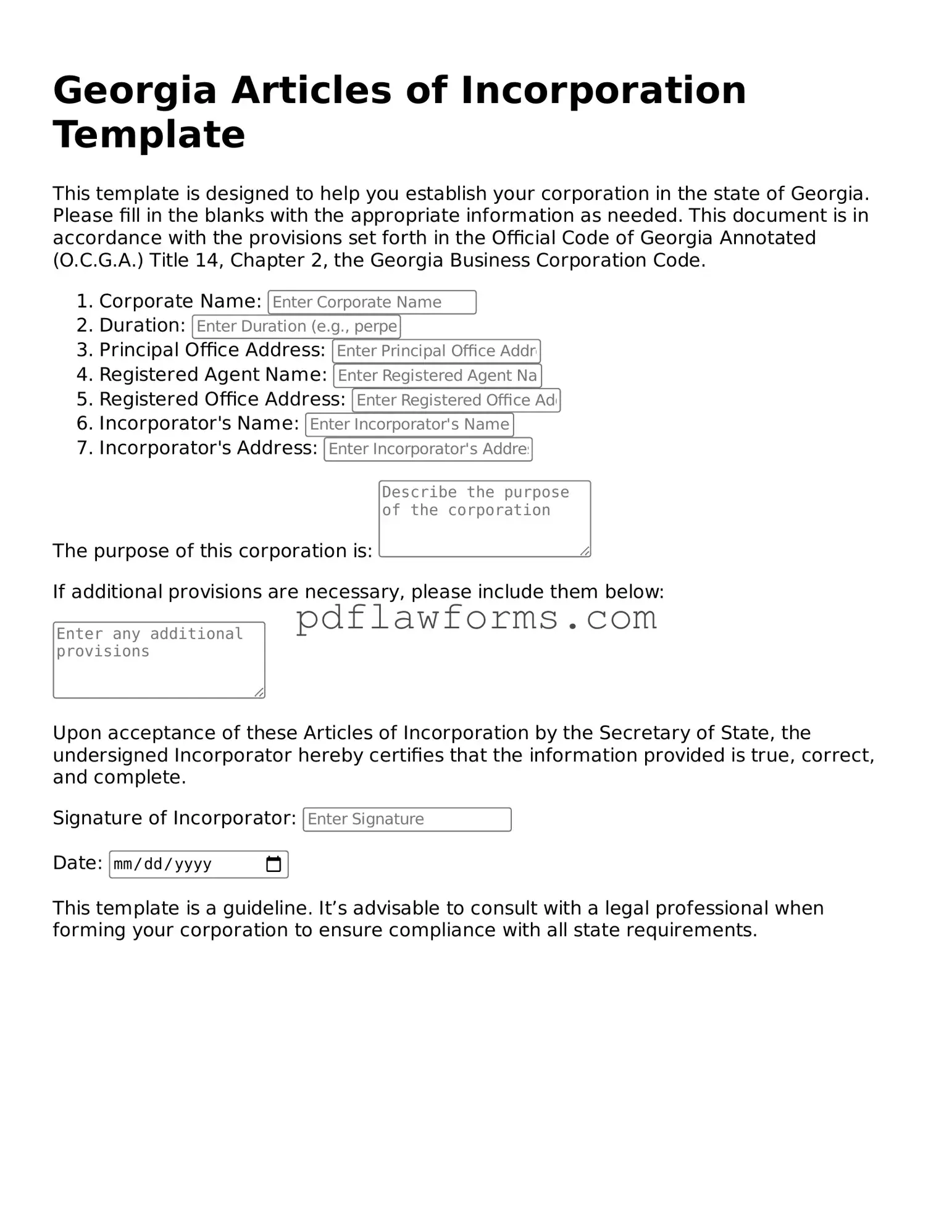 Articles of Incorporation Form for the State of Georgia