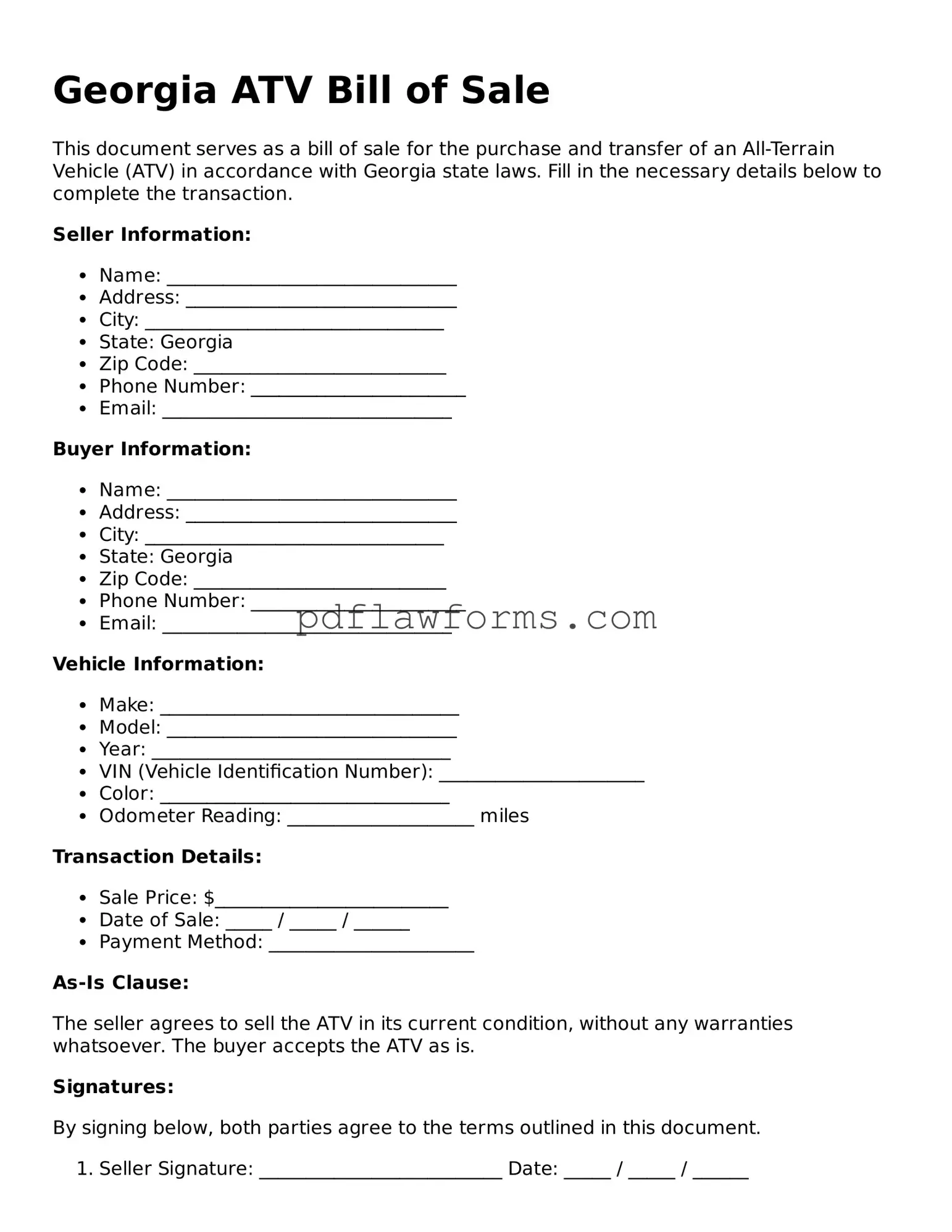 ATV Bill of Sale Form for the State of Georgia
