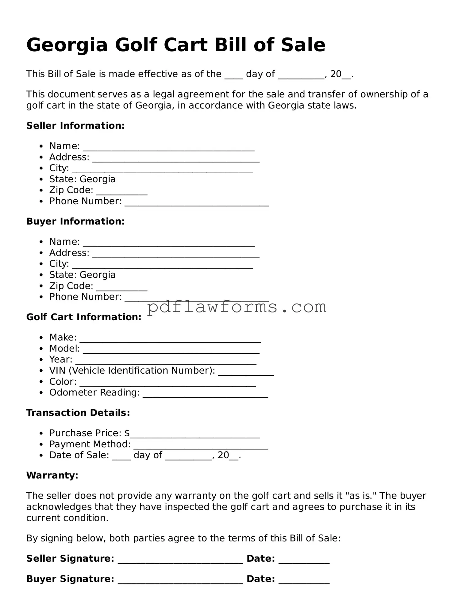 Golf Cart Bill of Sale Form for the State of Georgia