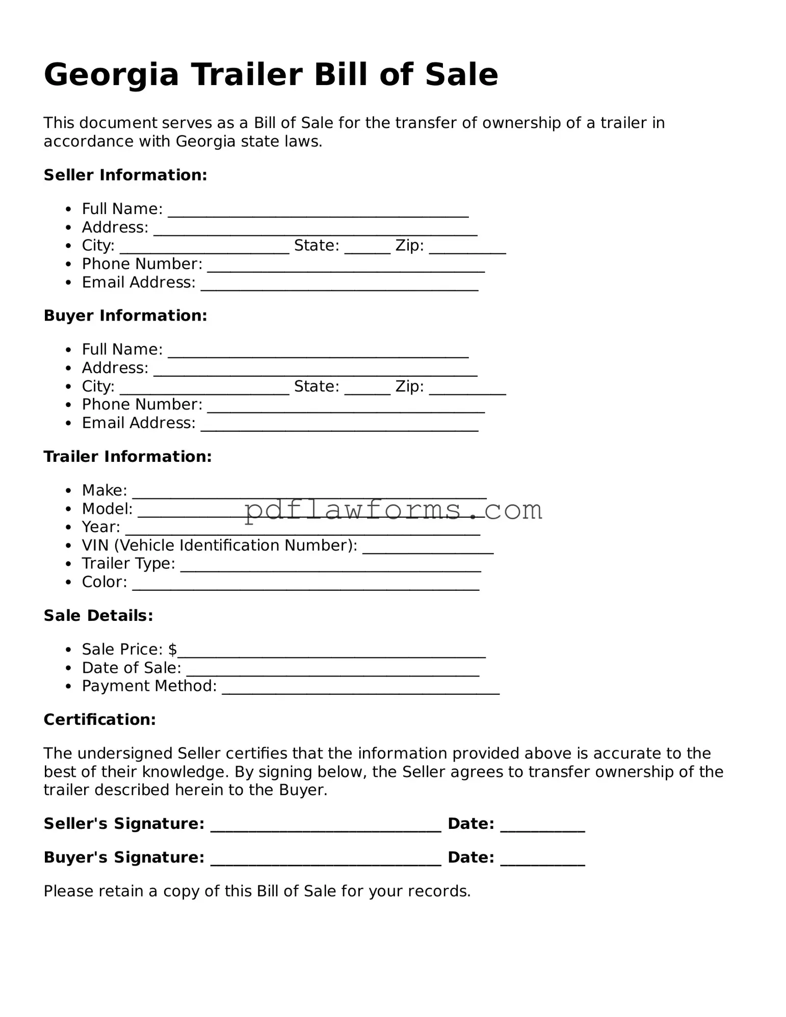 Trailer Bill of Sale Form for the State of Georgia