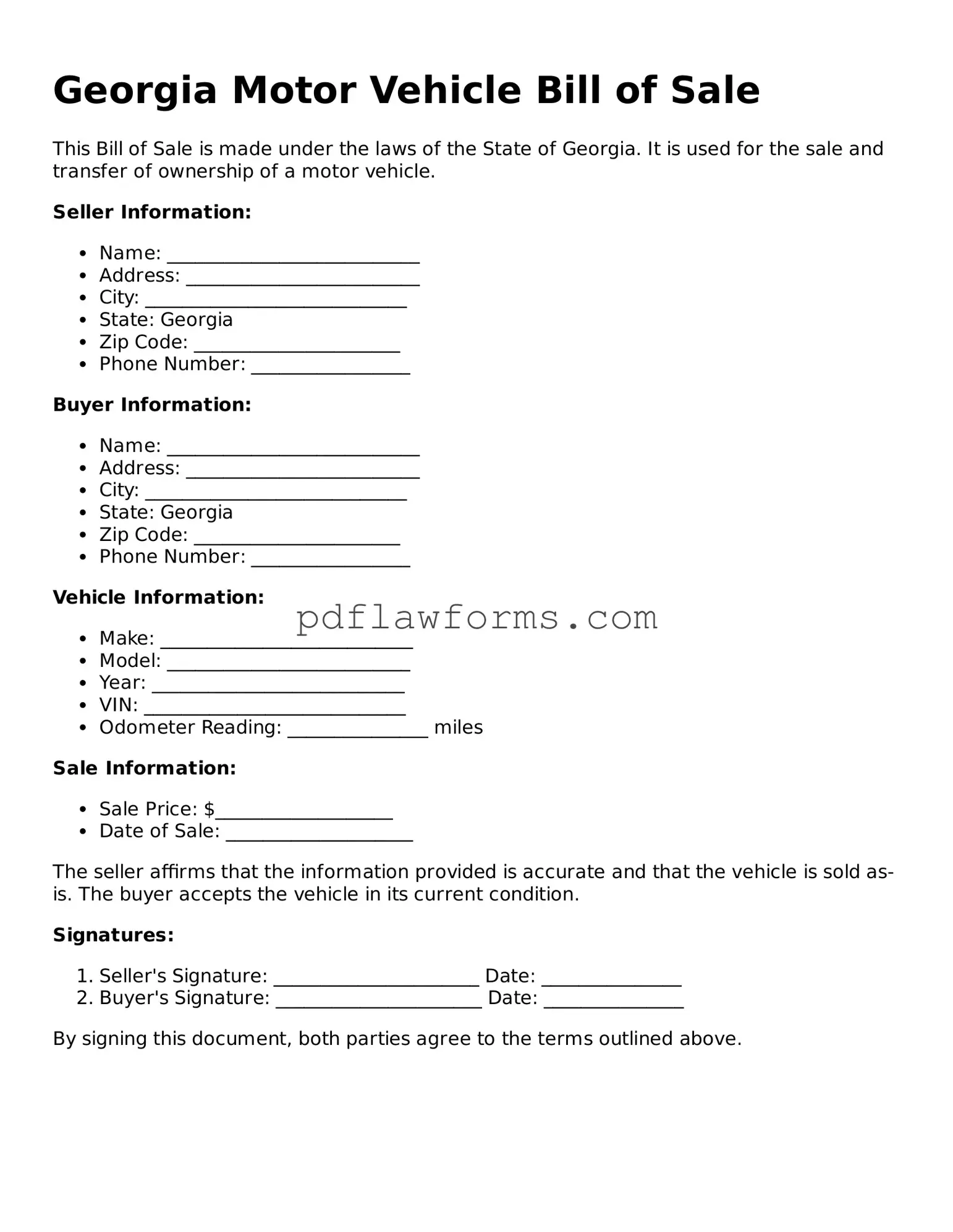 Motor Vehicle Bill of Sale Form for the State of Georgia