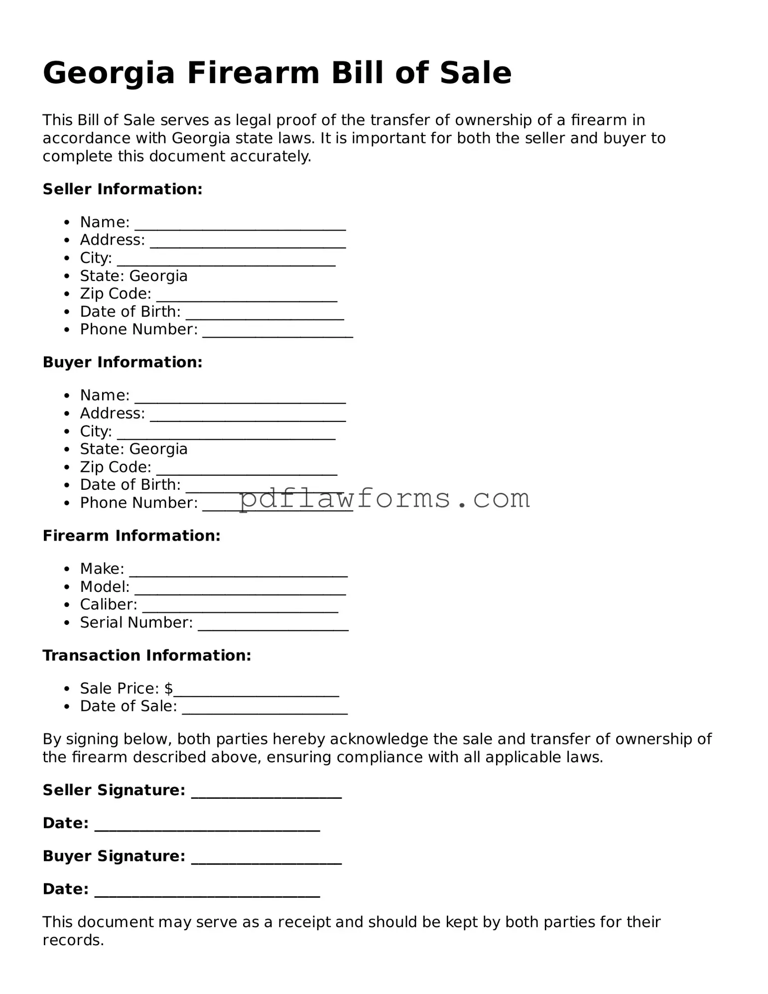 Firearm Bill of Sale Form for the State of Georgia