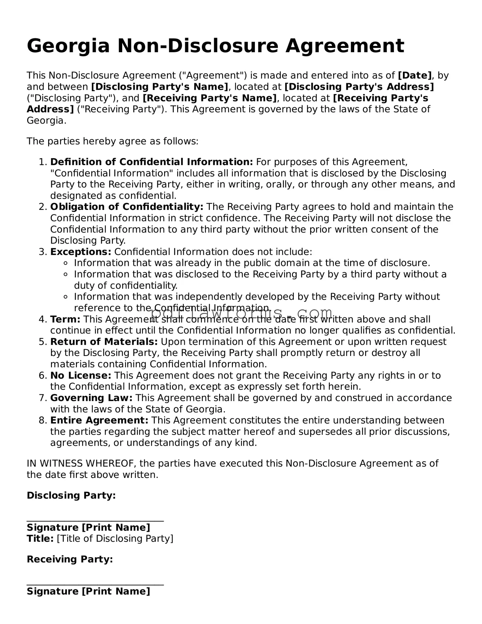 Non-disclosure Agreement Form for the State of Georgia