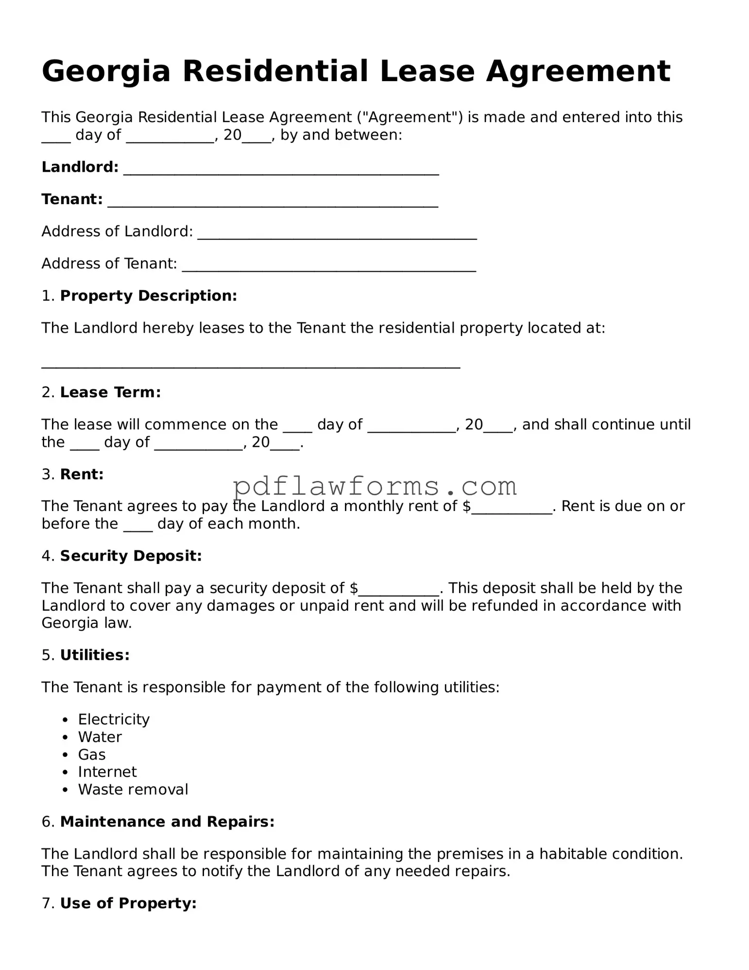 Residential Lease Agreement Form for the State of Georgia