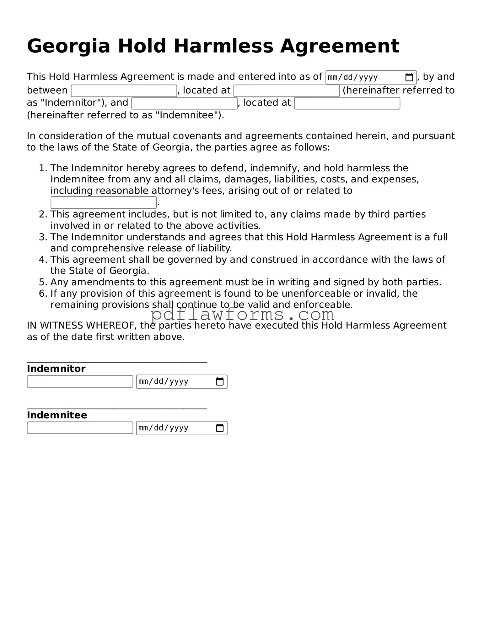 Hold Harmless Agreement Form for the State of Georgia