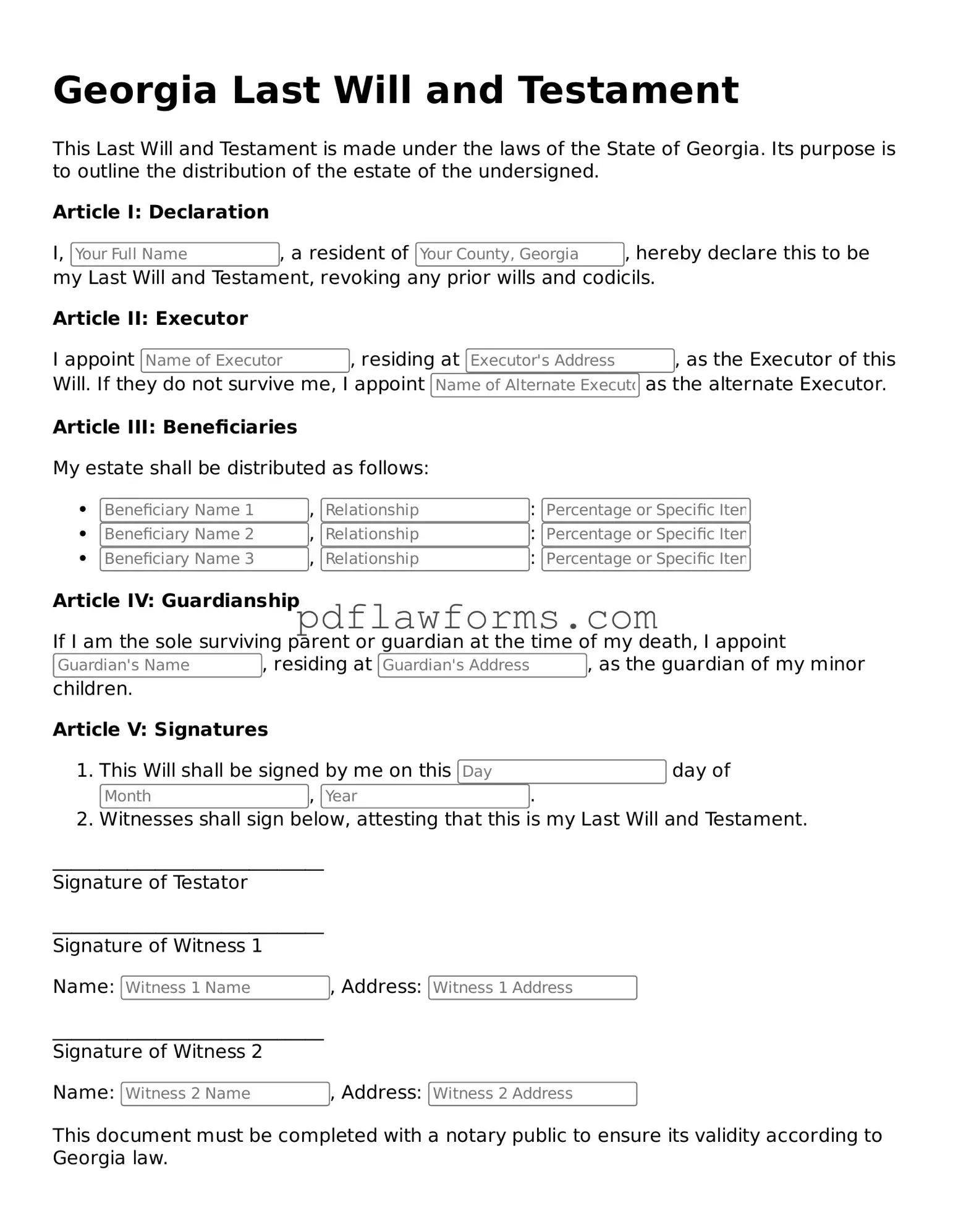 Last Will and Testament Form for the State of Georgia