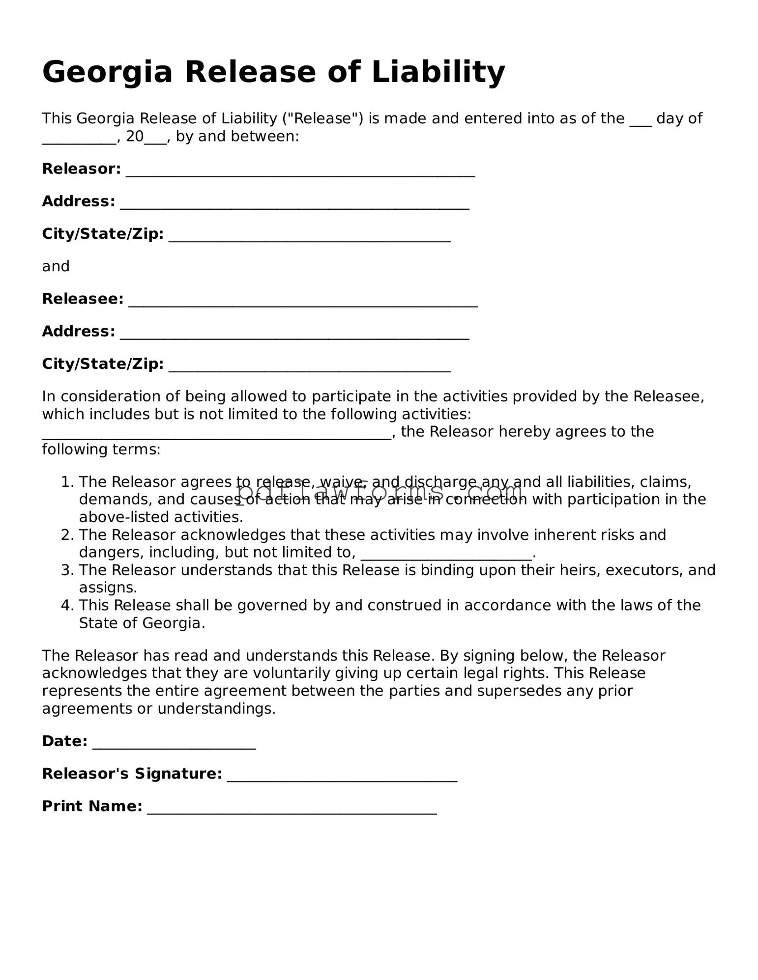 Release of Liability Form for the State of Georgia