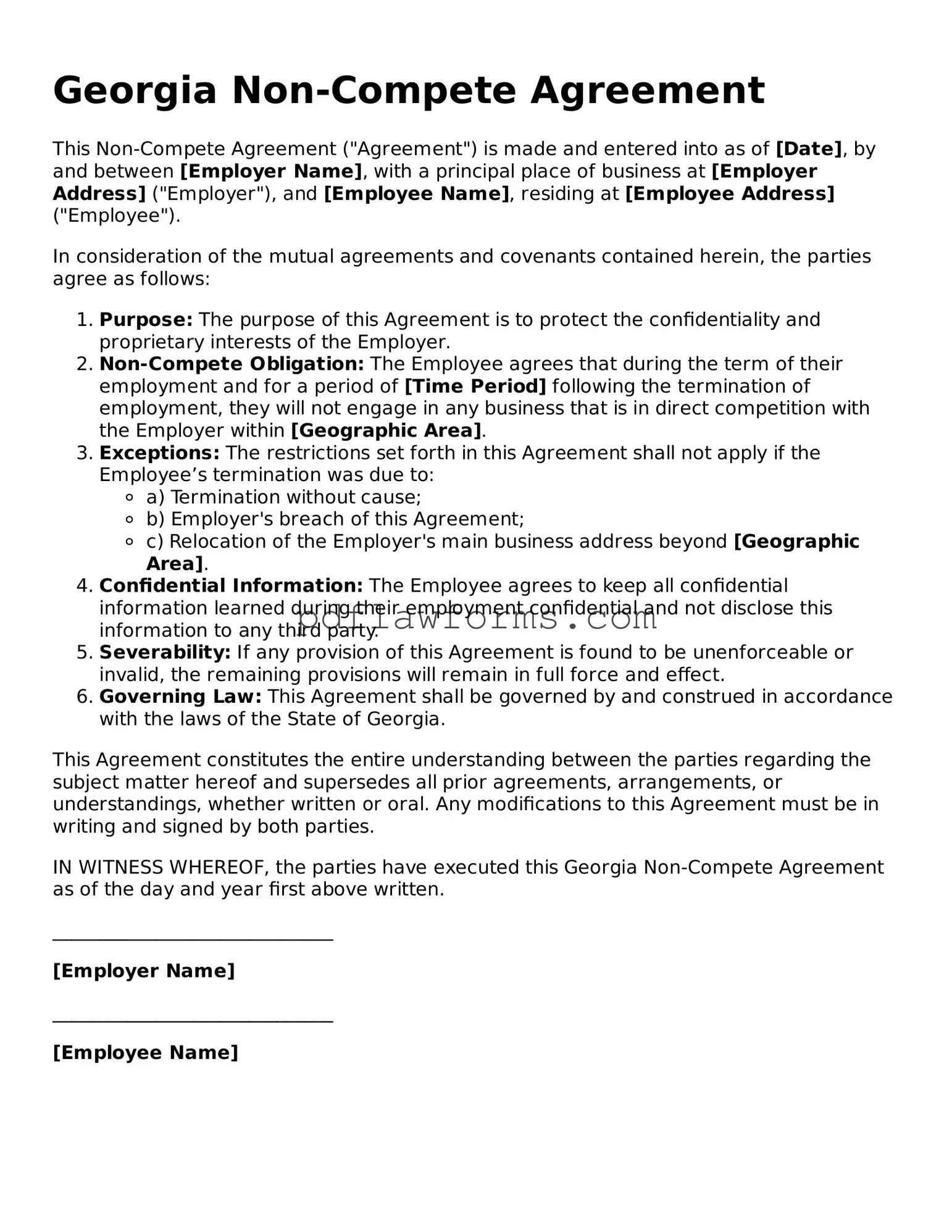 Non-compete Agreement Form for the State of Georgia
