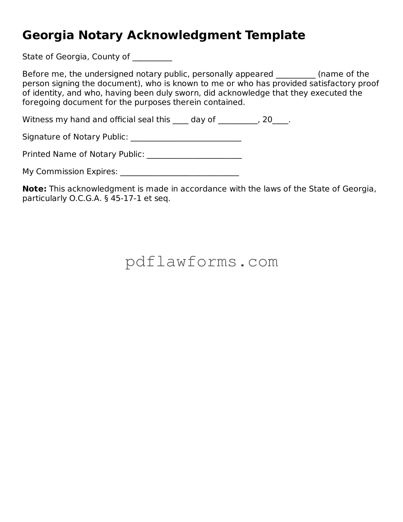 Notary Acknowledgement Form for the State of Georgia