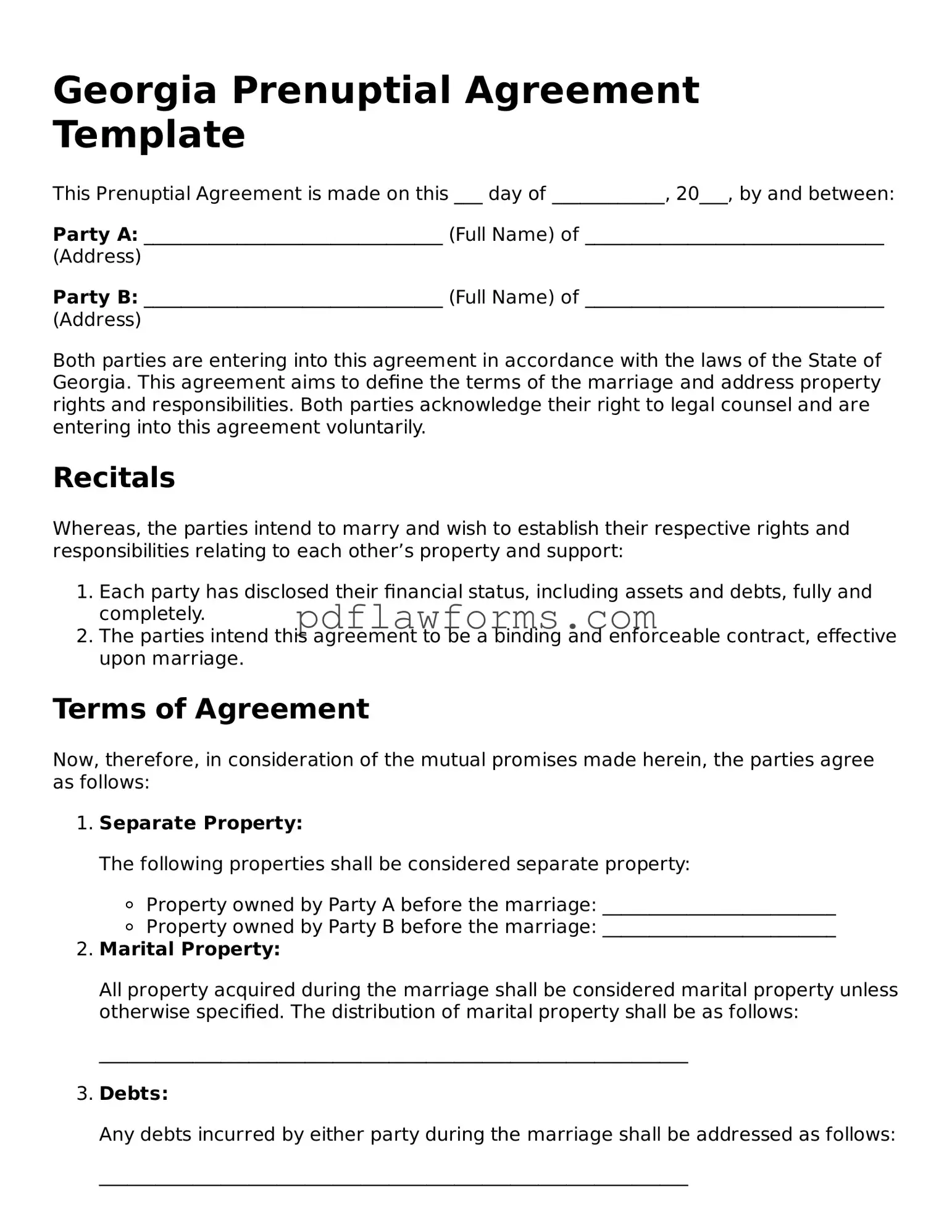Prenuptial Agreement Form for the State of Georgia