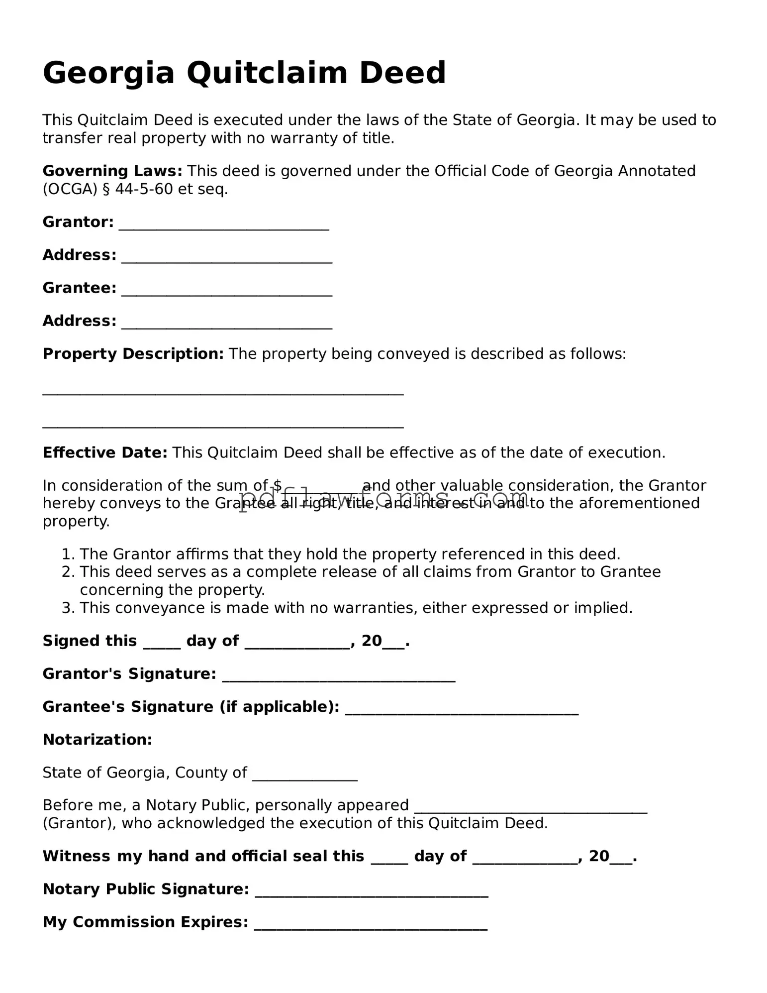Quitclaim Deed Form for the State of Georgia