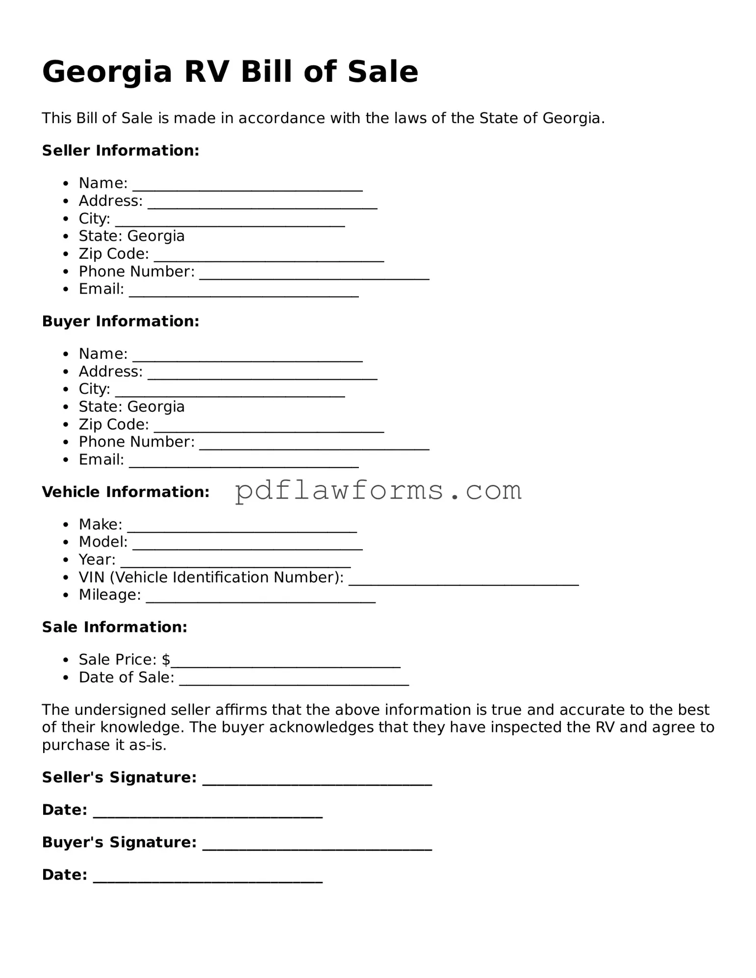 RV Bill of Sale Form for the State of Georgia