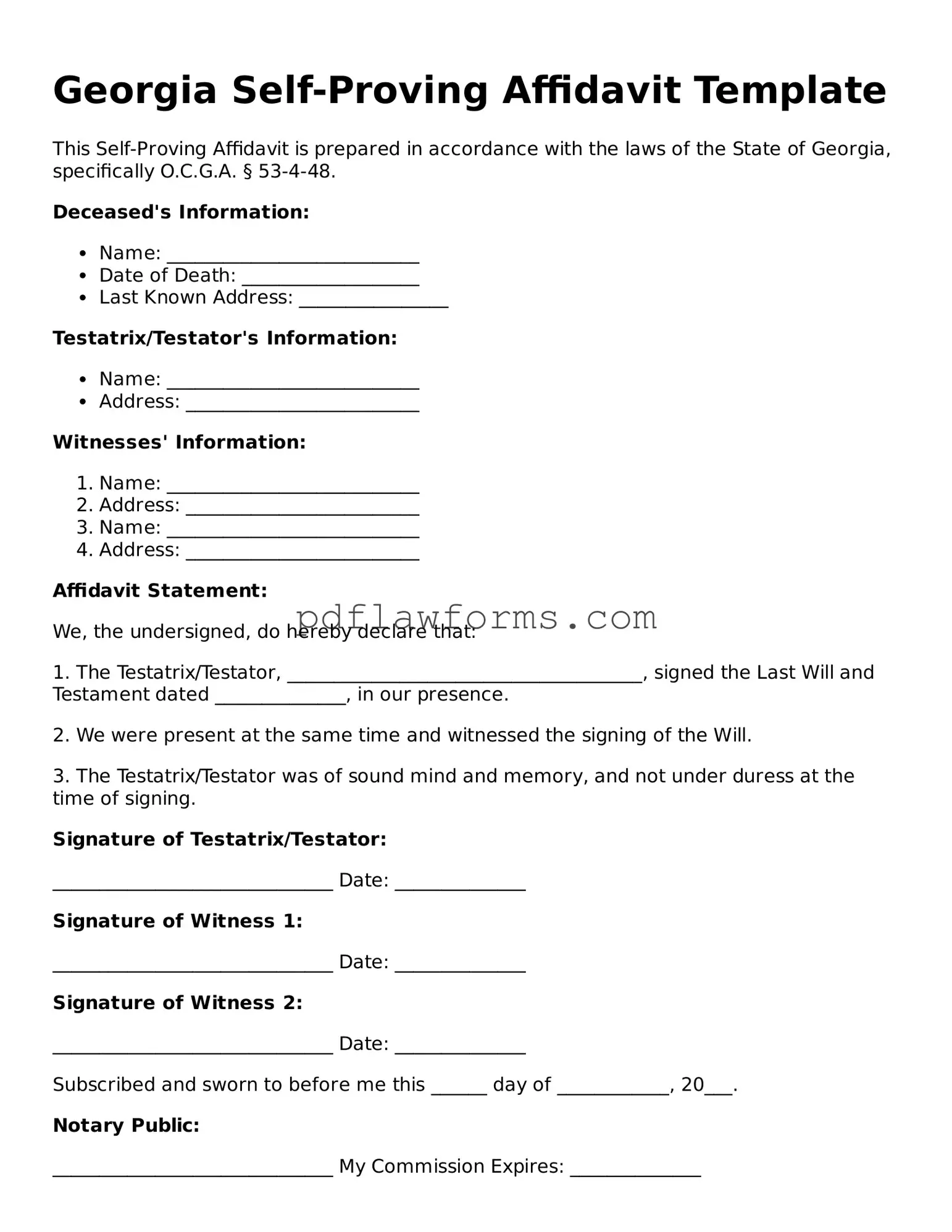 Self-Proving Affidavit Form for the State of Georgia