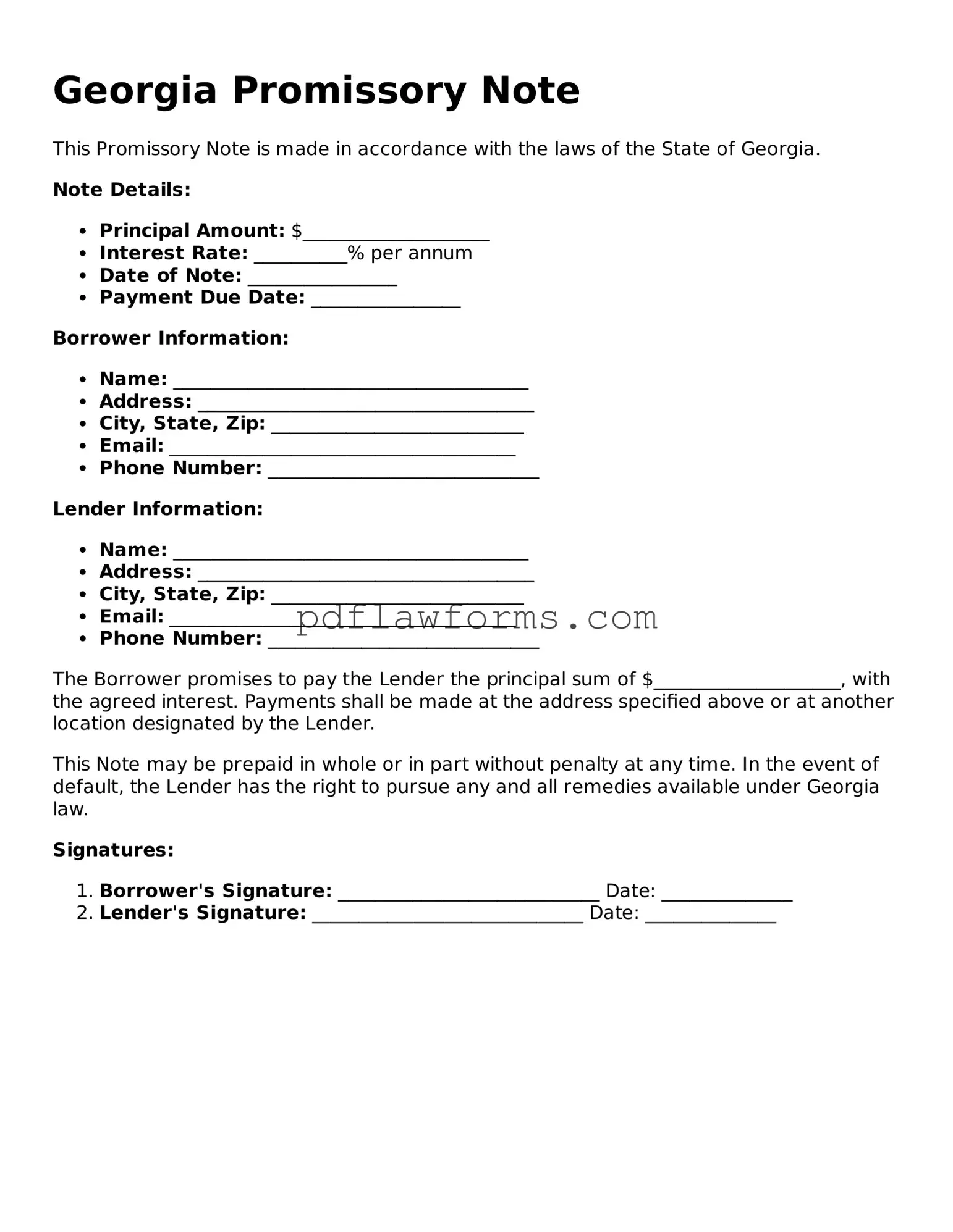 Promissory Note Form for the State of Georgia