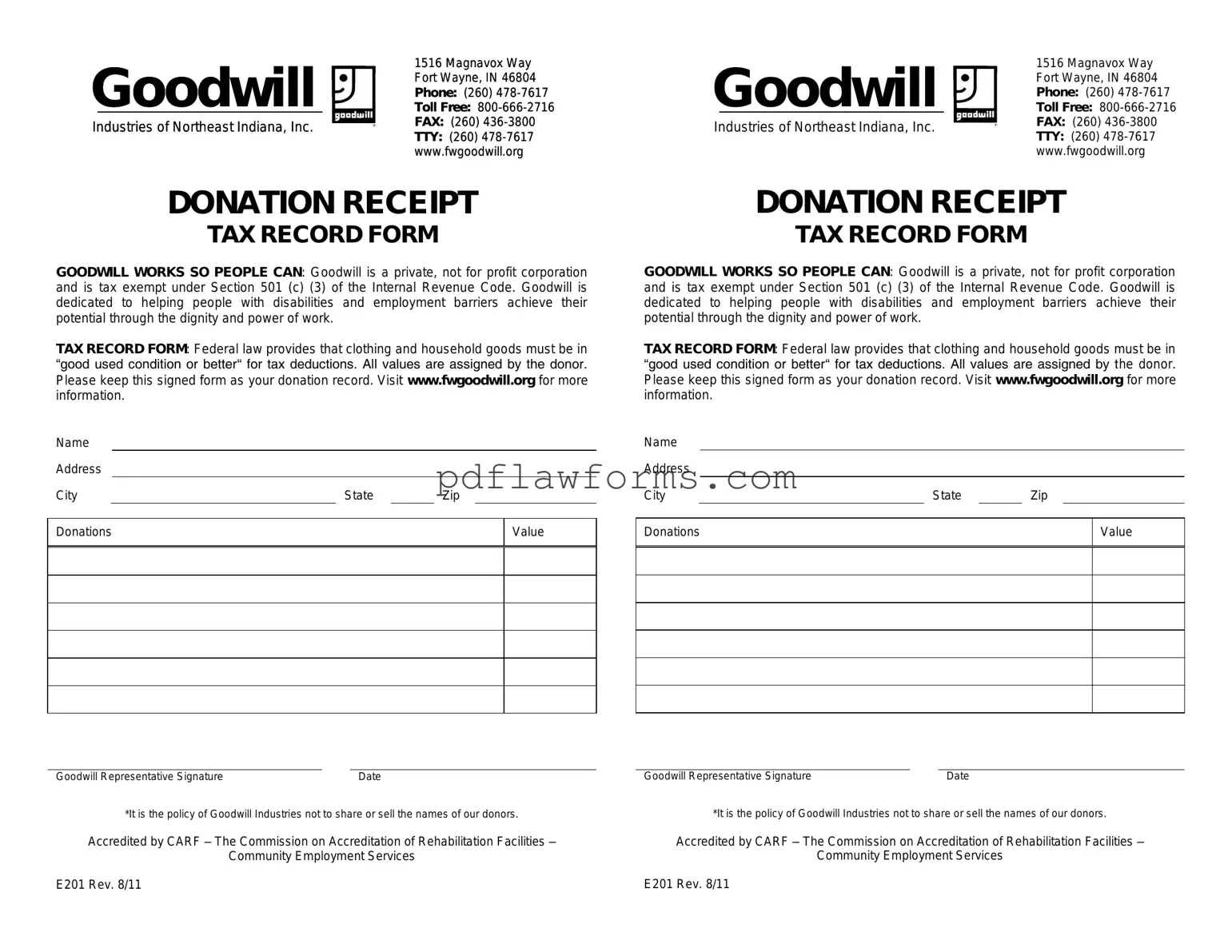Fill Your Goodwill donation receipt Template