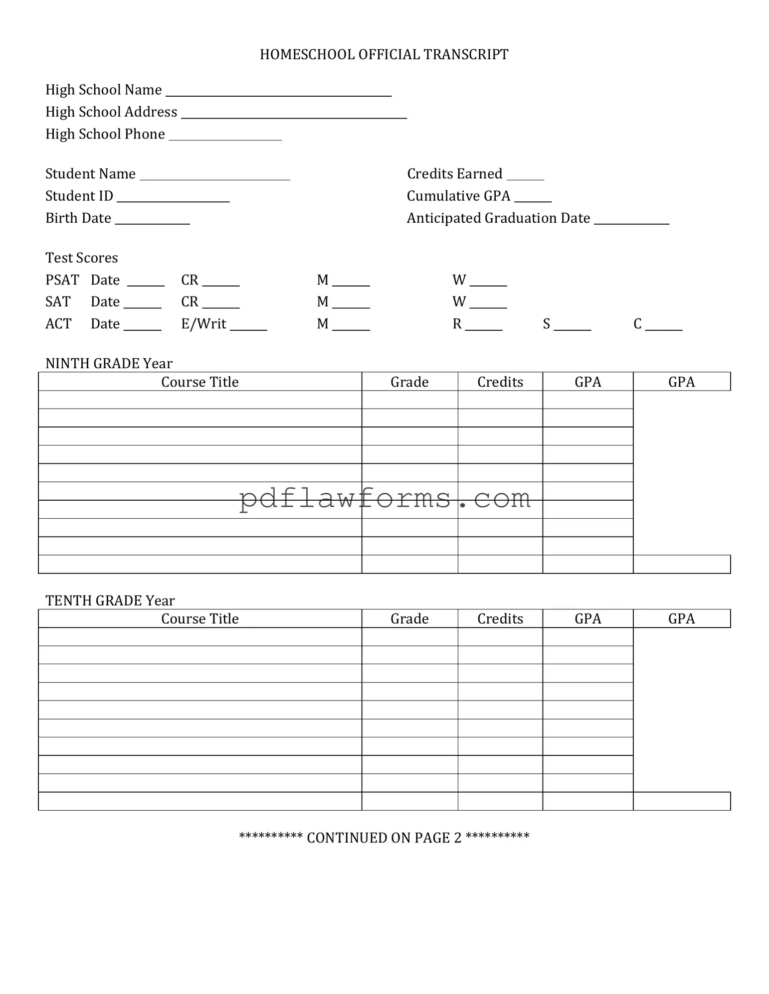 Fill Your High School Transcript Template