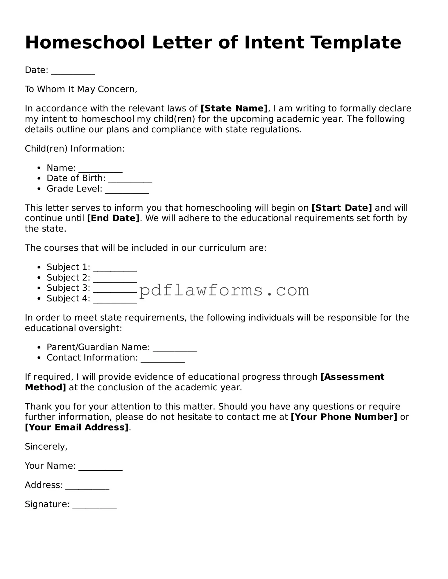 Official Homeschool Letter of Intent Form